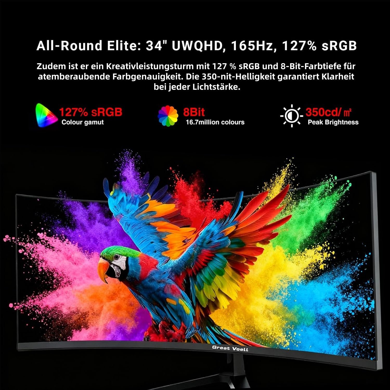 Great Voell 34-Zoll-Curved-Gaming-Monitor, 4K, 165 Hz, PIP/PBP, 1500R, HDR10 Gaming-Monitor (86,36 cm/34 ", 3440 x 1440 px, UWQHD, 1 ms Reaktionszeit, 165 Hz, VA LED, HDR, Ultraweit gebogener Gaming & Home Office Monitor, 127% sRGB)