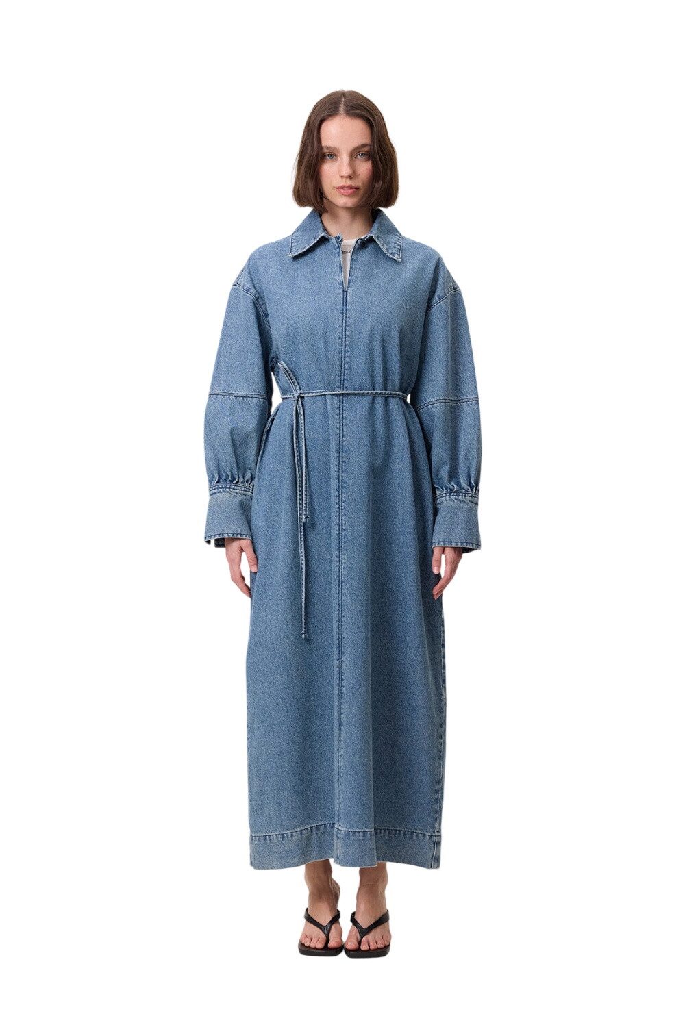 MANUKA Midikleid Manschettendetail am Jeanskleid, hellblau