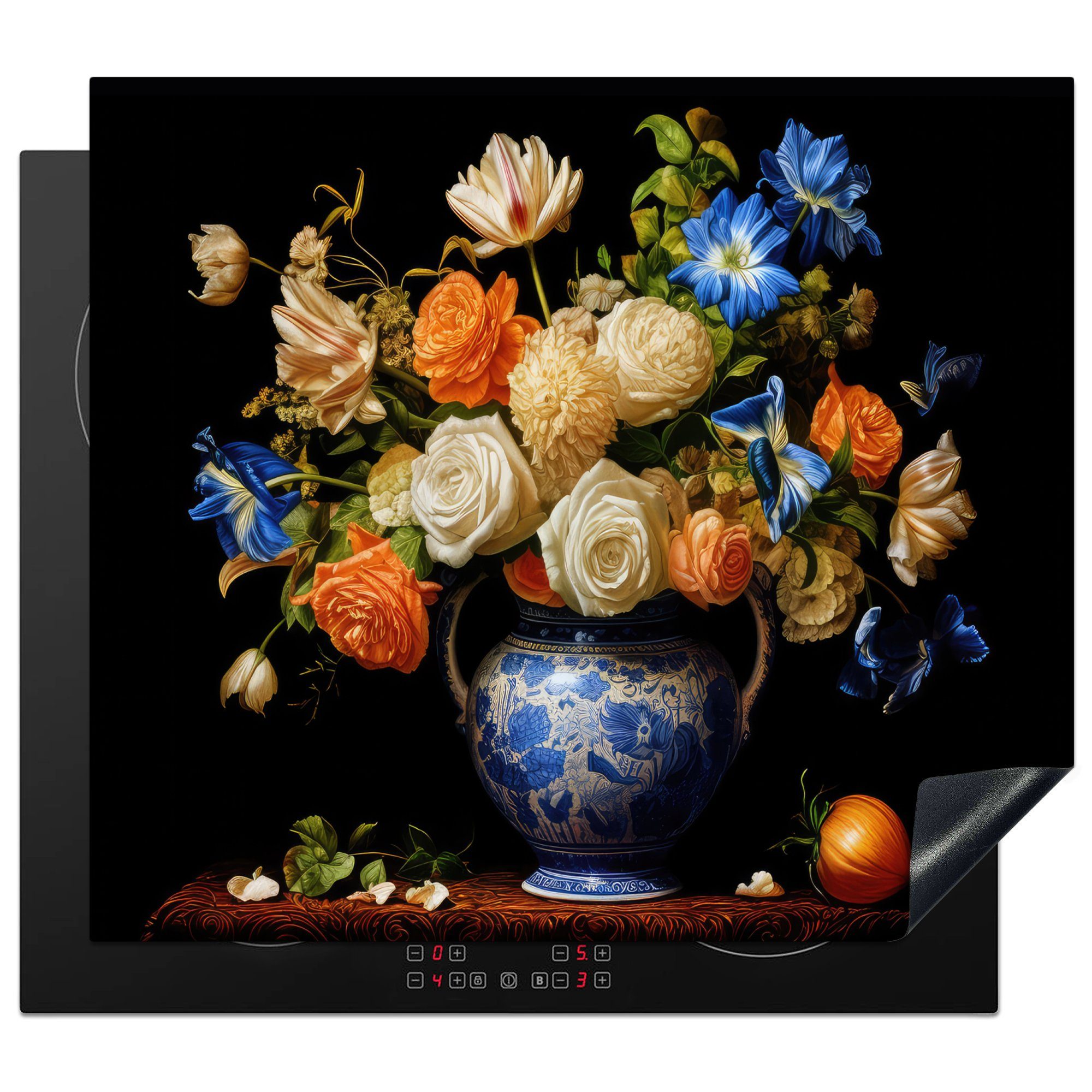 MuchoWow Herdblende-/Abdeckplatte Blumen - Vase - Stilleben - Niederländisch - Orange, Vinyl, (1 tlg), 60x52 cm, Mobile Arbeitsfläche nutzbar, Ceranfeldabdeckung