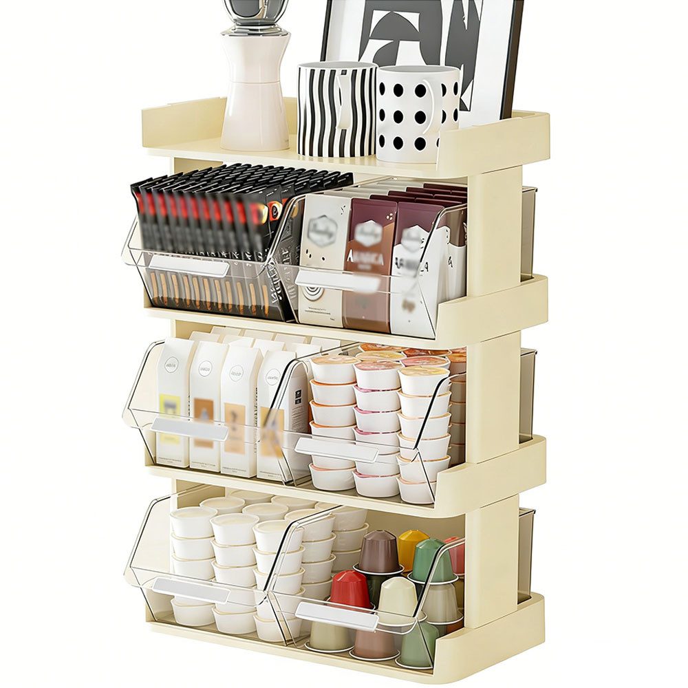 SURFOU Teebox 4-stöckiger Teebeutel-Organizer–Regal für Tee, Kaffee-Kapseln & Tassen, Kunststoff, (Mehrlagiger Theken-Organizer, Kaffeebar Tassenregal, Kaffeeregal, Kaffeebar-Zubehör, Kaffeetassenhalter, Platzsparendes Regal für Büro, Küche & Bar (42,5x 30x17cm), 1-tlg)