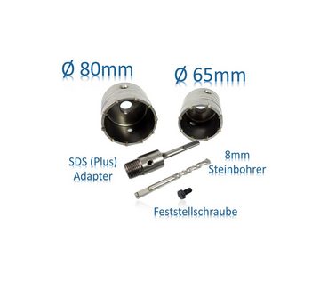 HMH Bohrer- und Bit-Set Bohrkronen Set für Unterputzdosen SDS Plus Adapter Ø 65mm 80mm, (1-tlg), Wolframkabid-Spitze, Bohrtiefe ca. 54 mm