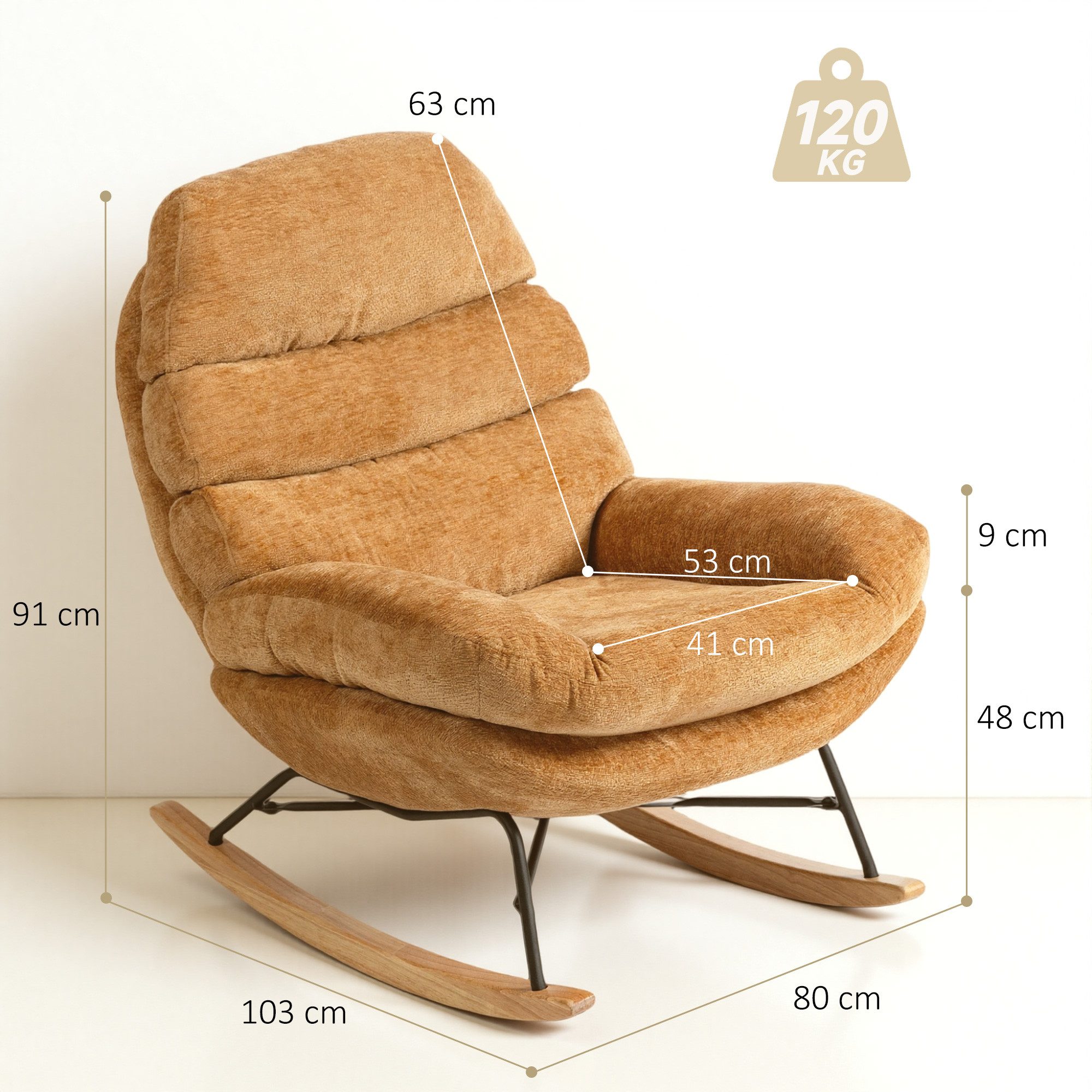 HOMCOM Schaukelstuhl Schaukelsessel mit Rückenlehne, gepolstert Relaxsessel Lesesessel (Schwingstuhl, 1 St), für Wohnzimmer, Schlafzimmer, Gelb – Bild 3 von 5