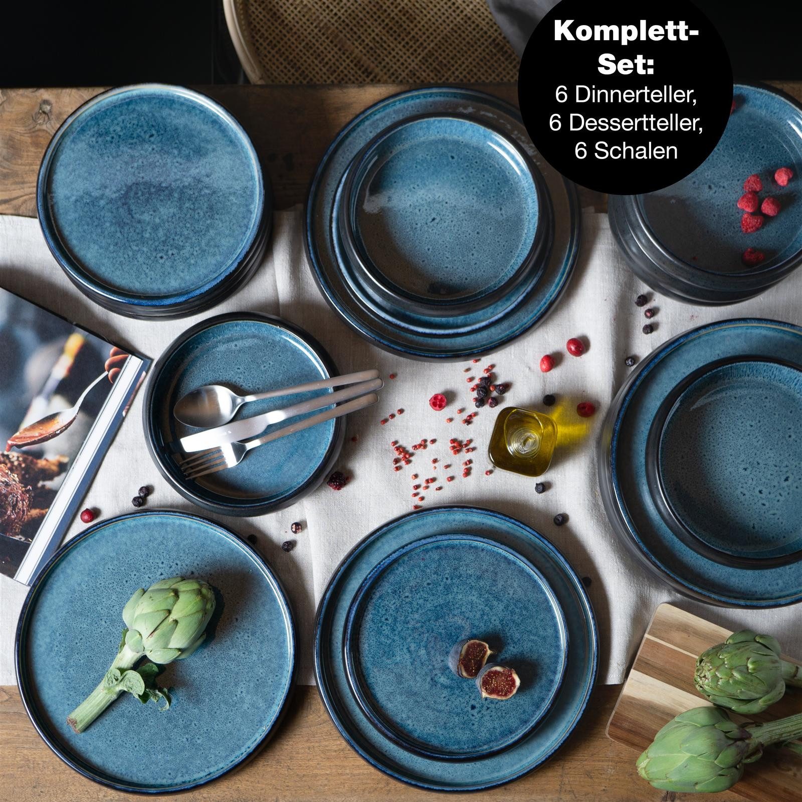 Moritz & Moritz Tafelservice SOLID 24tlg Geschirrset mit Tasse Blau (24-tlg), 6 Personen, Steinzeug, Kombigeschirr für 6 Personen