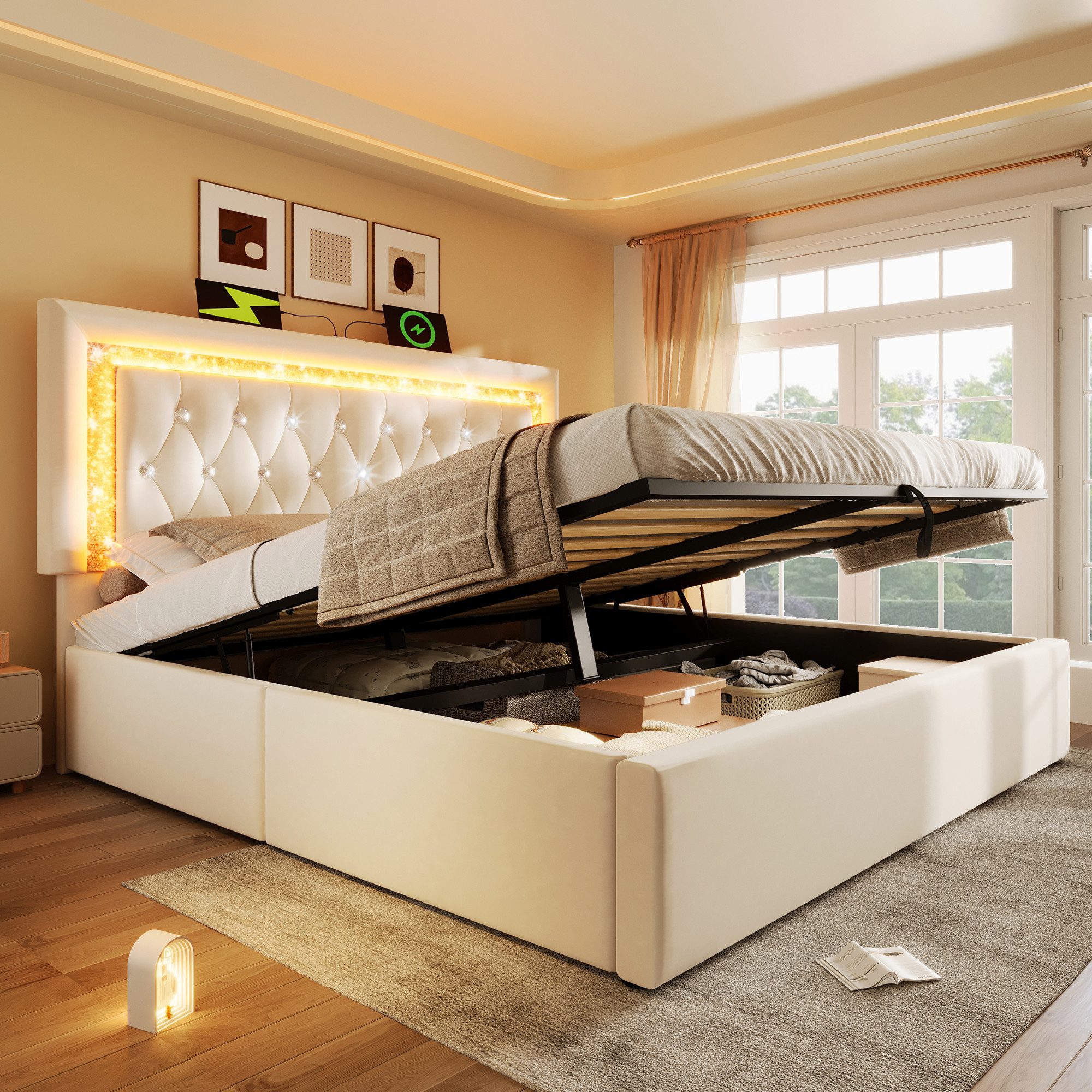 Flieks Polsterbett, Hydraulisches Stauraumbett 180x200cm mit LED-Diamantband & Ladestation