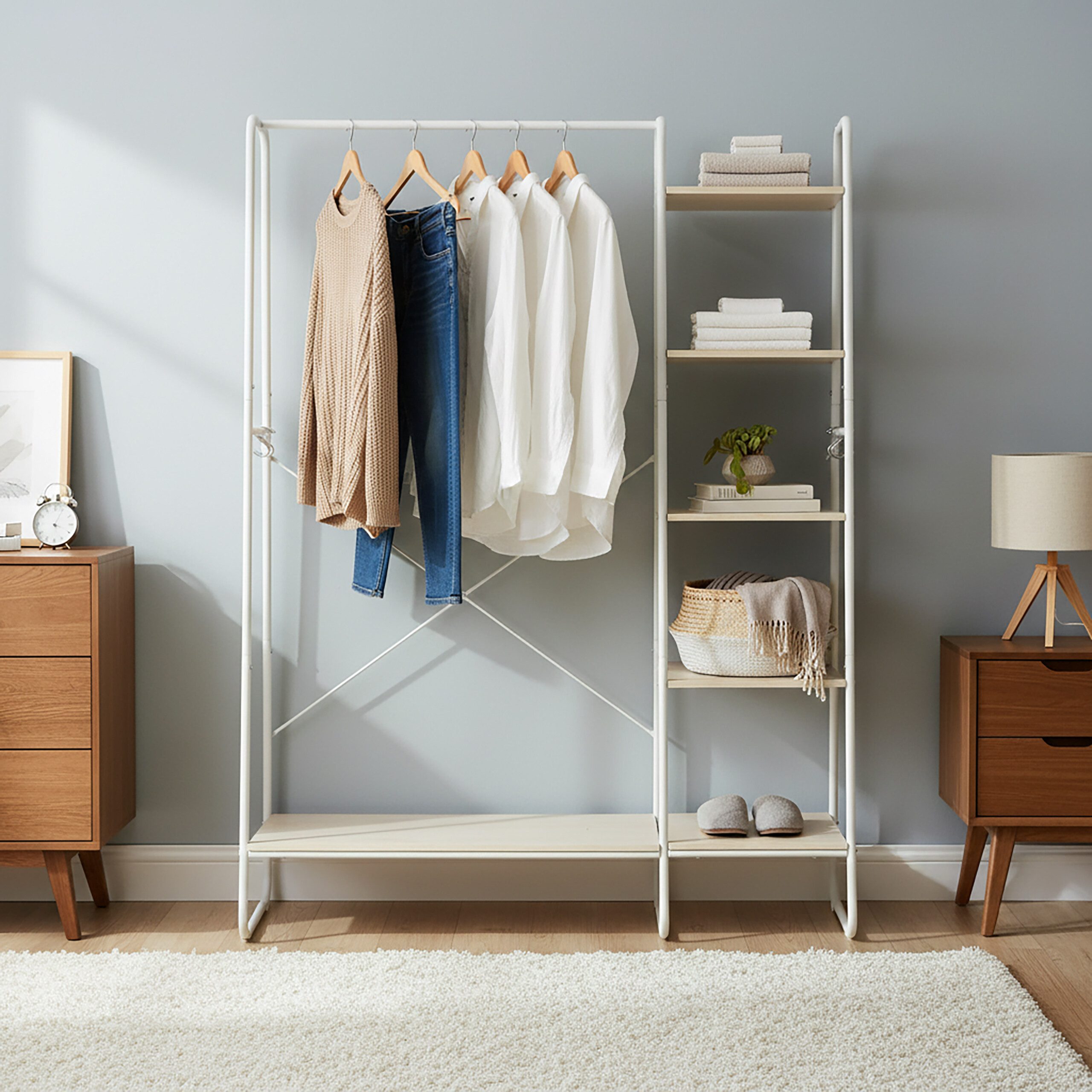 relaxdays Kleiderständer mit Schuhablage, Holzoptik-Weiß