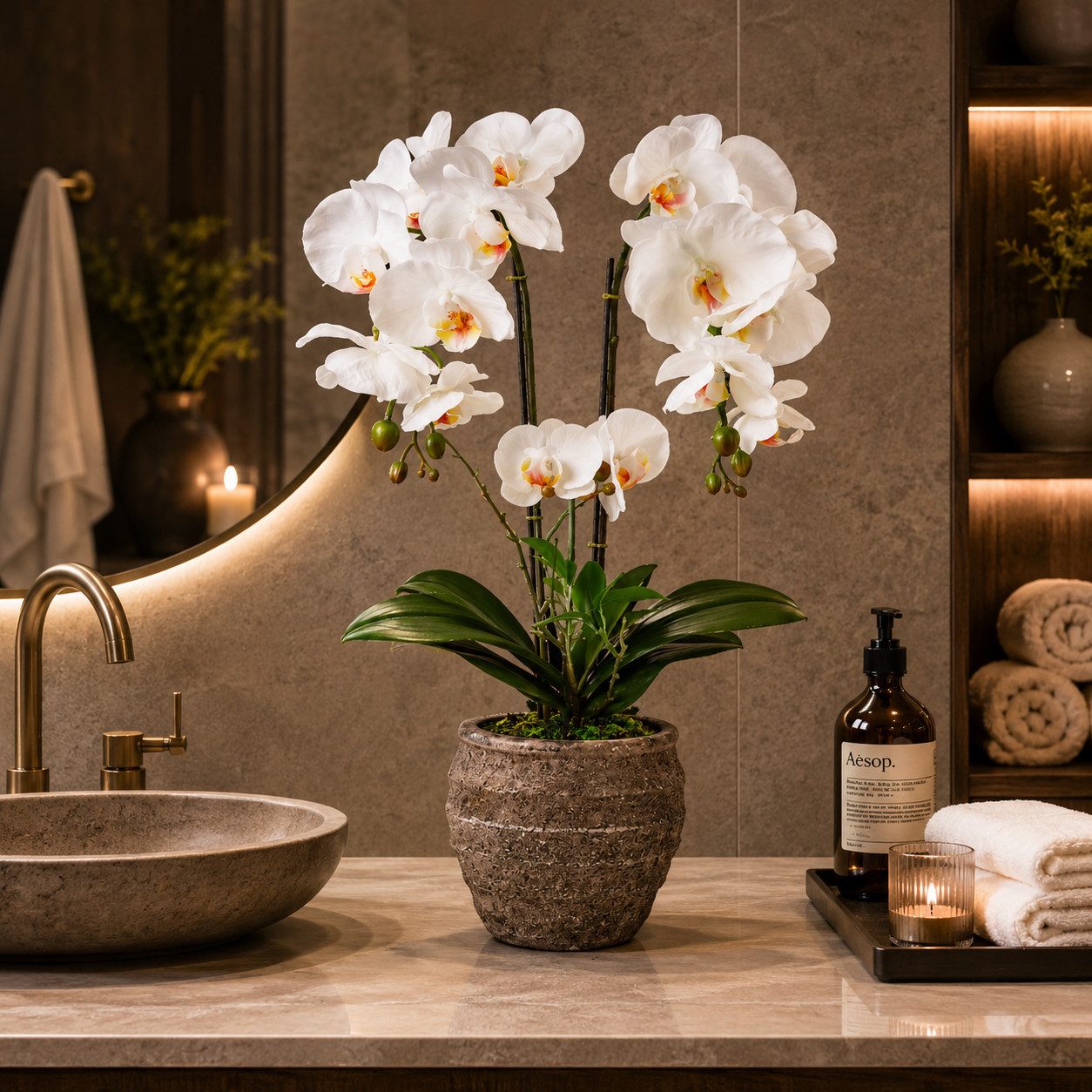 Kunstorchidee PASCH® Orchidee künstlich wie echt (60cm) in Urban Stone Töpfen Orchidee, PASCH, Real Touch Blüten, Handgefertigter Stone Cube – Bild 5 von 5