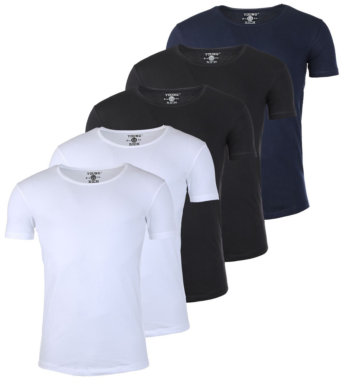 Young & Rich T-Shirt Herren Uni Basic 1702 tief-breit geschnittener Ausschnitt vintage Look (5er-Pack, 5-tlg., 5er-Pack) Rundhalsauschnitt unifarben kurzarm slim fit