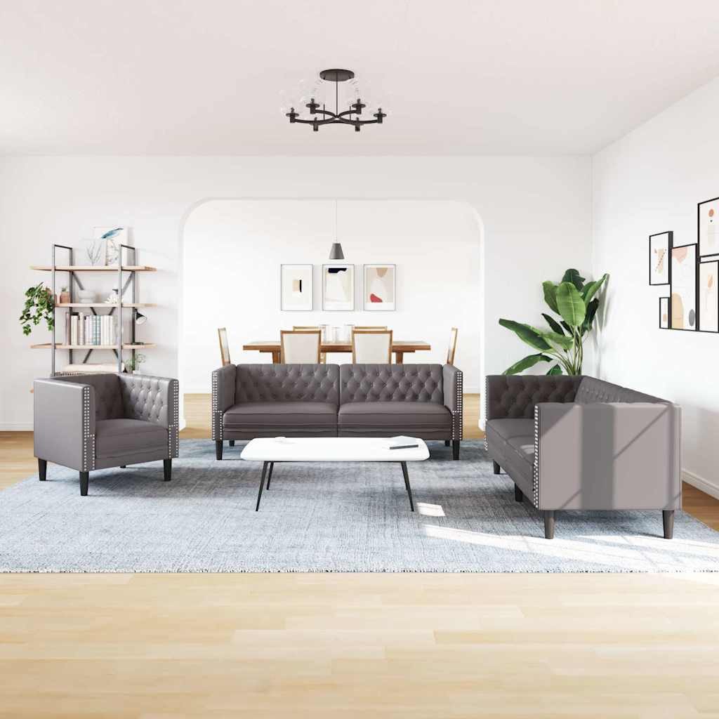 vidaXL Sofa 3-tlg. Chesterfield-Sofa-Set Grau Kunstleder günstig online kaufen