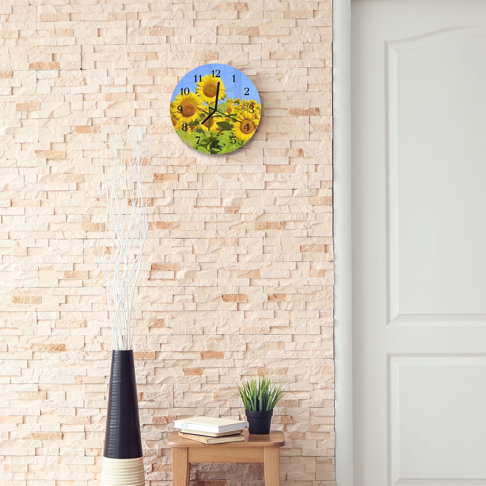 Primedeco Wanduhr Wanduhr Glas mit Rund Motiv aus 30 cm mit Quarzuhrwerk und - Durchmesser Sonnenblumenfeld