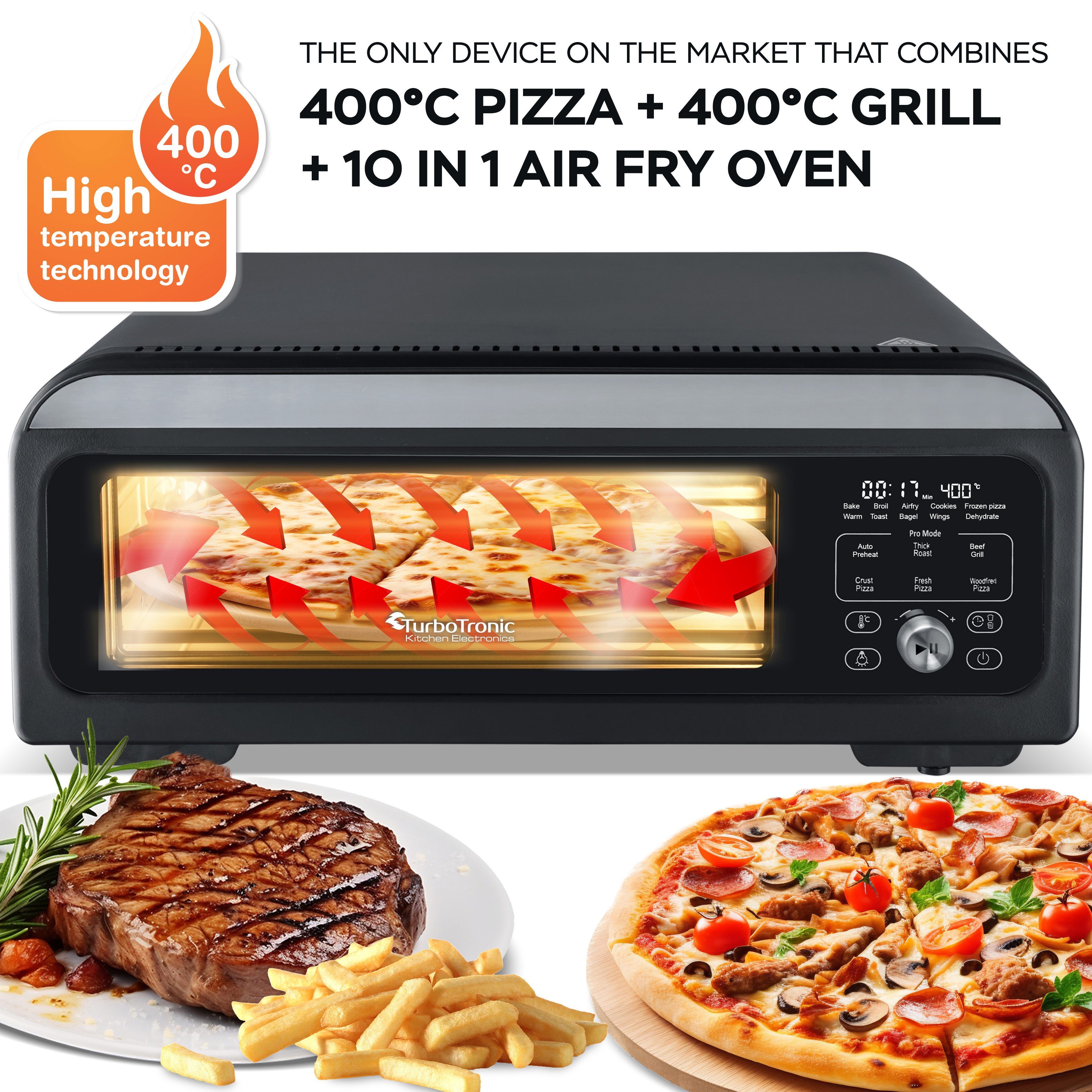 TurboTronic by Z-Line Pizzaofen bis 400 Grad mit Steinofen Gusseisen Platte Indoor Outdoor Elektrisch, Garten für Zuhause Pizza Back Ofen Tisch Stein Flammkuchenen