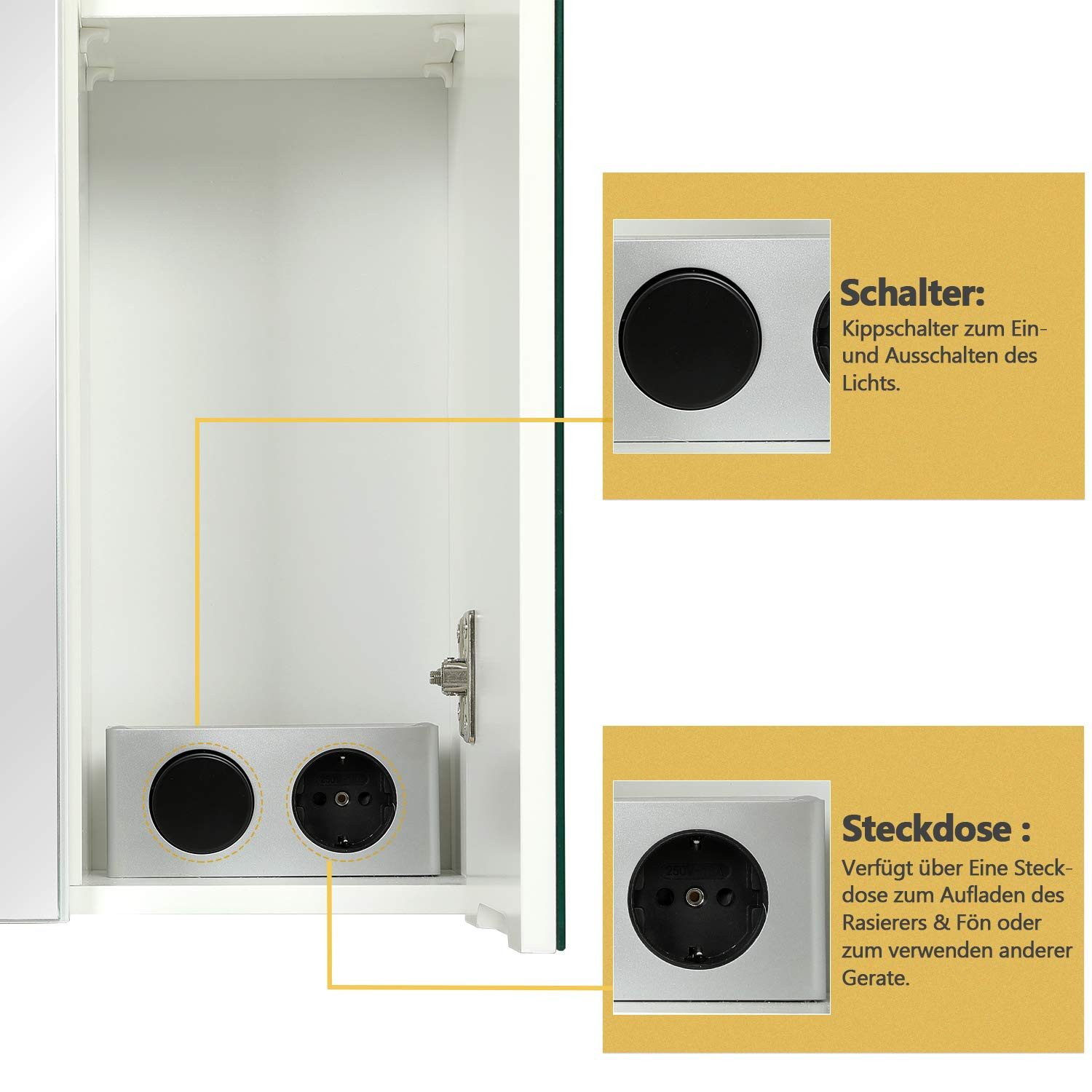 MSMASK Badezimmerspiegelschrank mit LED Beleuchtung, Steckdose und lichtschalter 70x15x60cm(BxTxH) (Ohne Matratze) Badezimmer spiegelschrank mit 3 Türen,Spiegel,Hängeschrank