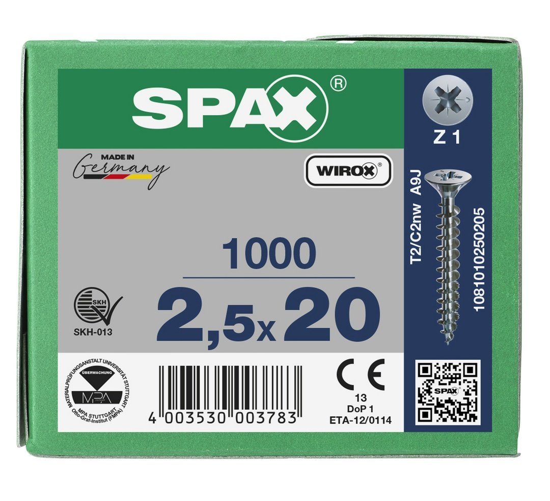 SPAX Spanplattenschraube Universalschraube, (Stahl weiß St), 1000 2,5x20 verzinkt, mm