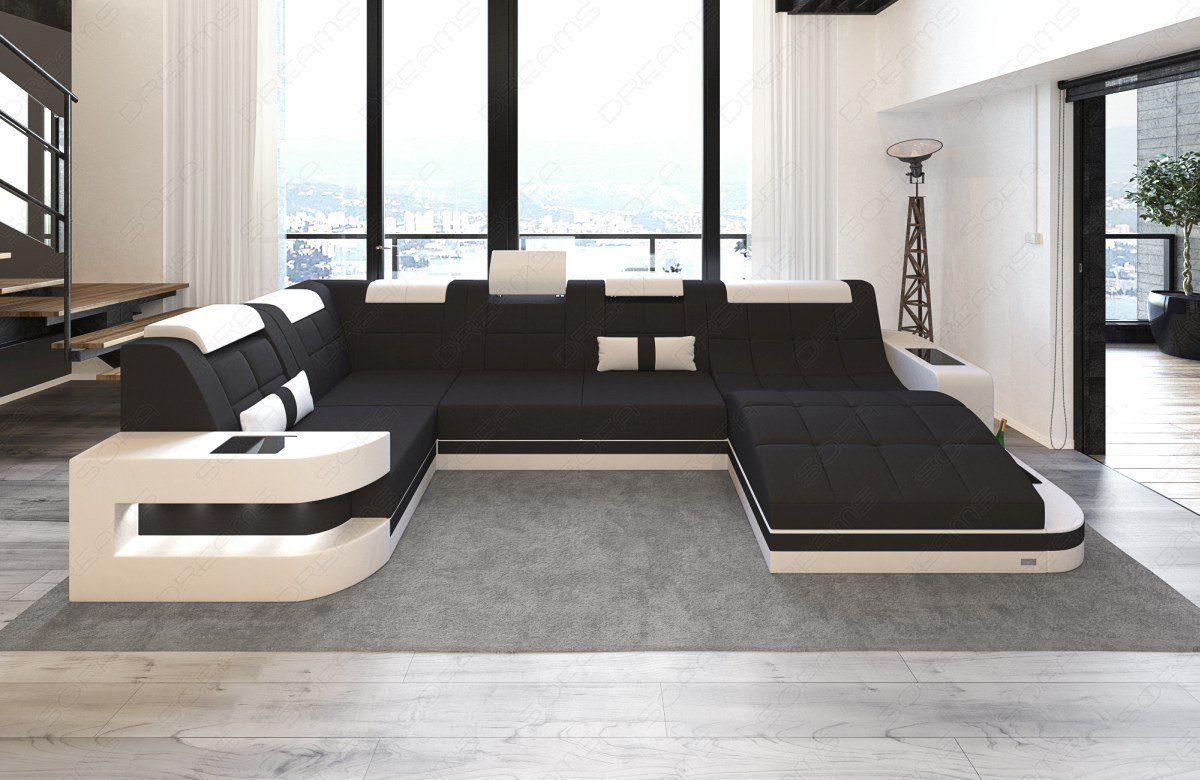 Sofa Dreams Wohnlandschaft Stoffsofa Mikrofaser Couch Bettfunktion Stoff, Polstersofa U M Wave Form mit schwarz-weiß wahlweise