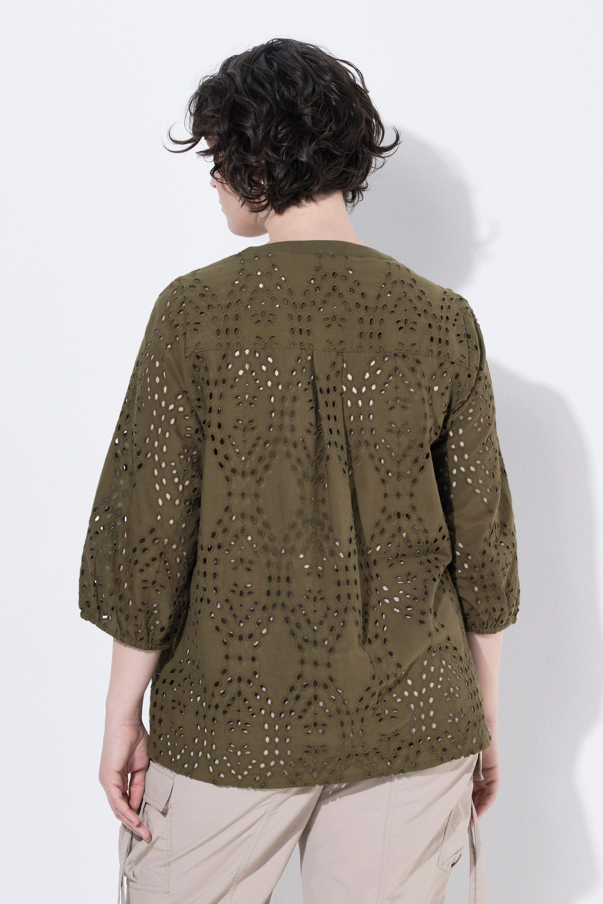 Ulla Popken Tunika Baumwoll-Bluse Stickerei V-Ausschnitt 3/4-Arm
