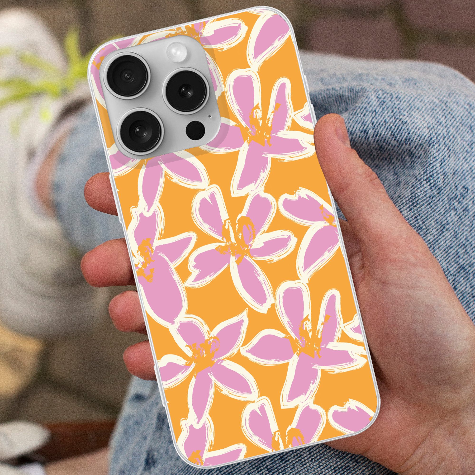 MuchoWow Handyhülle für Apple iPhone 16 Pro Blumen - Muster - Rosa - Orange, Smartphone-Bumper, Print, Handy Schutzhülle Dünn
