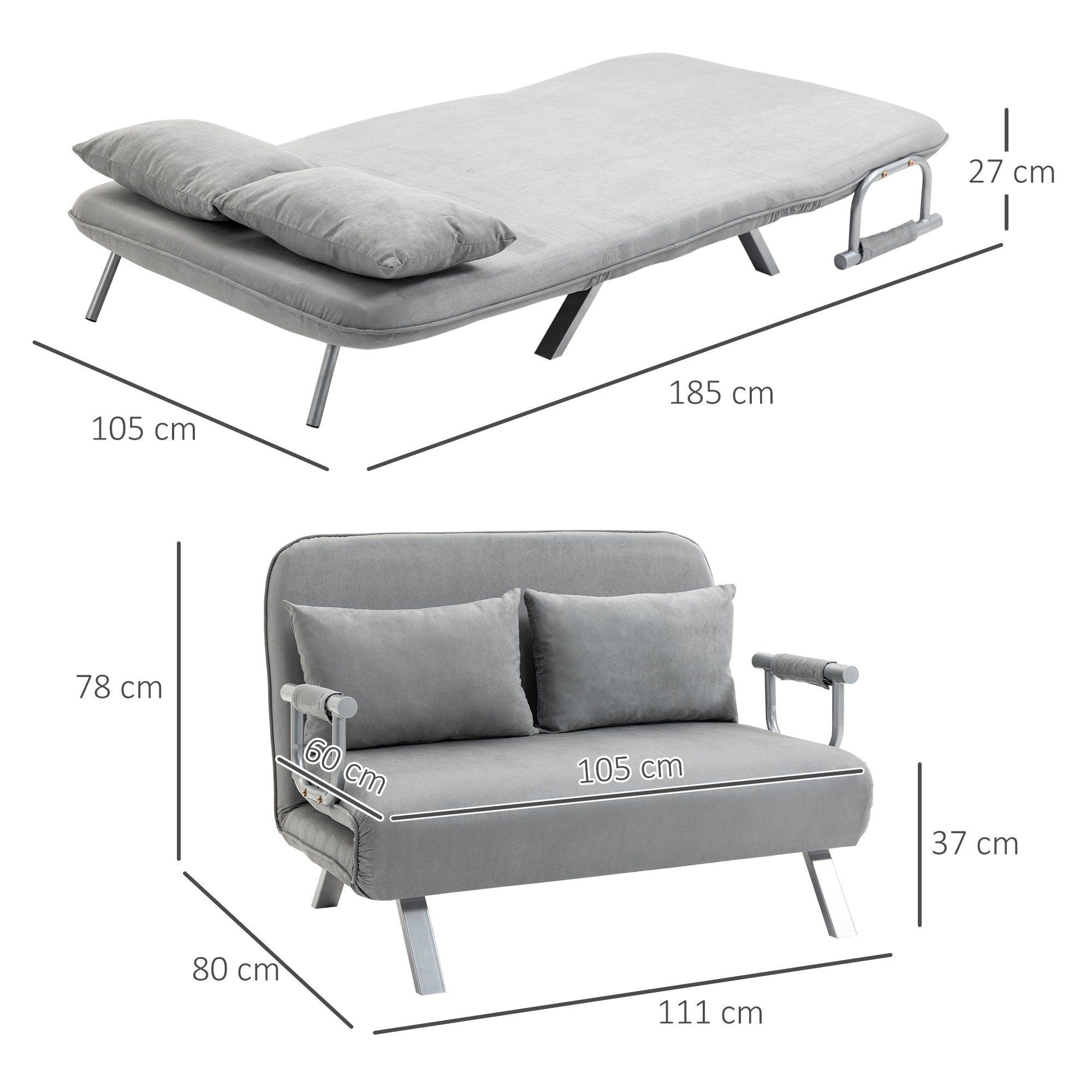 HOMCOM Schlafsofa Zweisitzer mit Bettfunktion, Einzelbett mit Kissen, Schlafcouch 1 Teile, für Wohnzimmer, Hellgrau