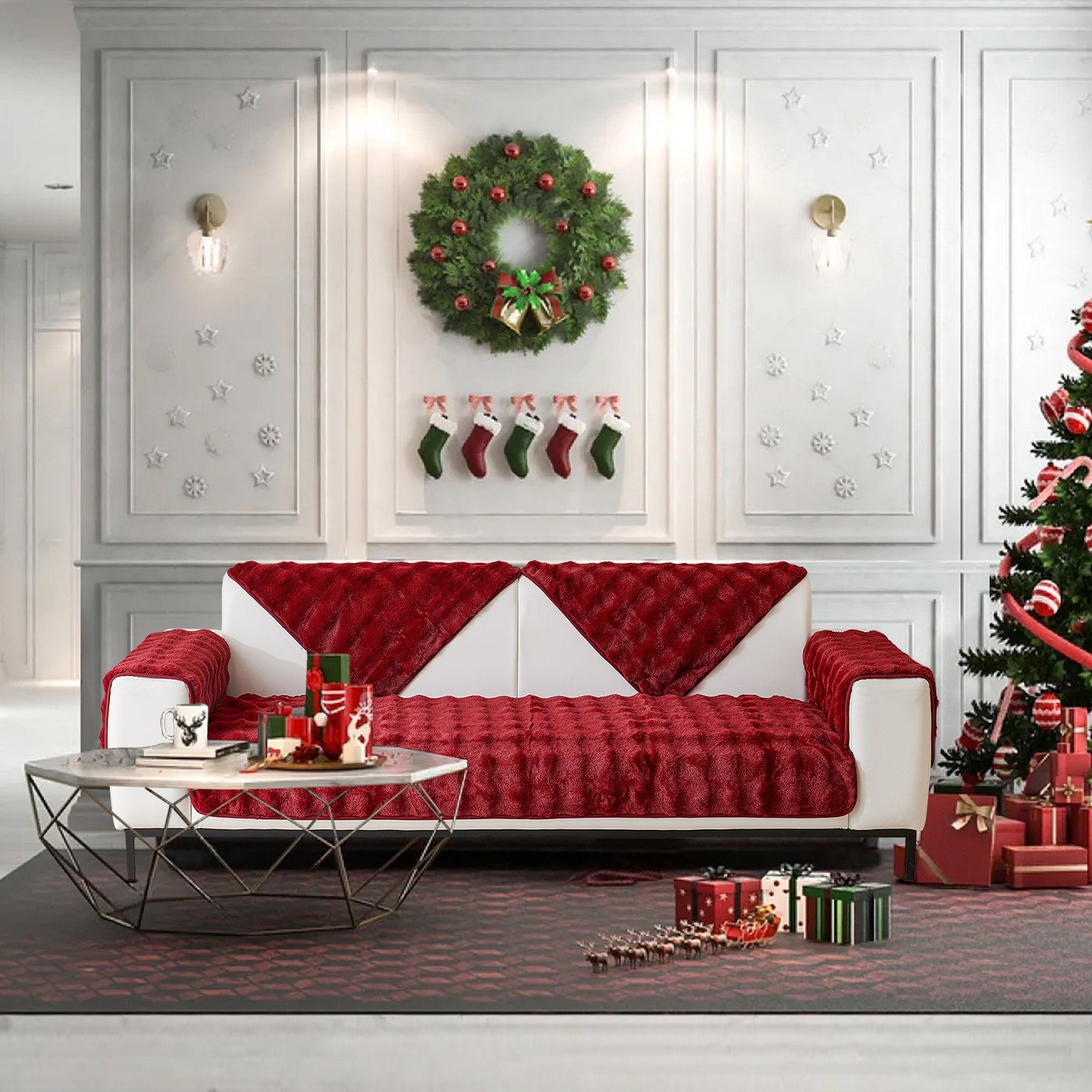 Superweiche Rot Sofabezug Dick Winter Sofa Kunstpelz Warme, Couchbezug, Wohnzimmer für aus Antirutsch, SofaÜberwurf Sunicol, Sitzkissenbezug, Plüsch