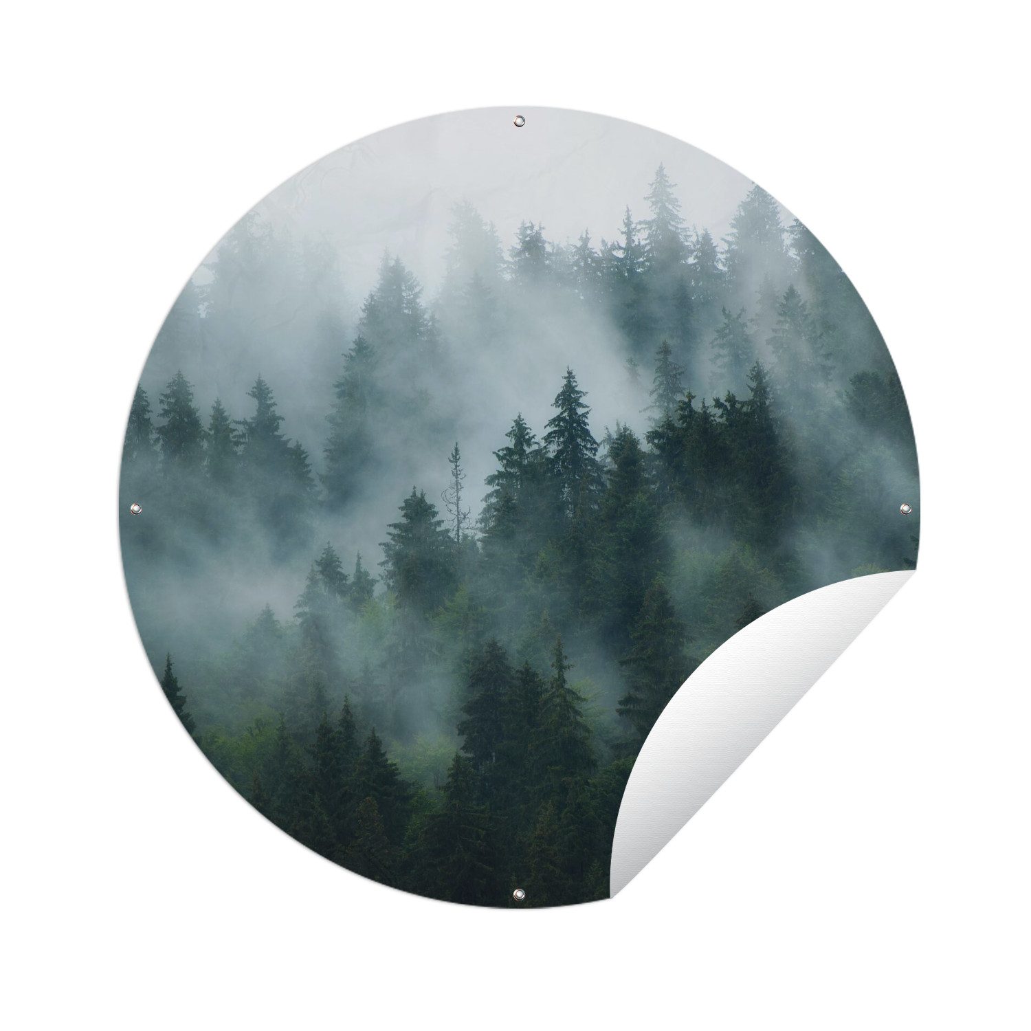 OnlyWow Poster für Garten Nebel - Bäume - Wald, Gartenposter, Outdoor Bilder, Wetterfest, Garten Deko, 60x60 cm