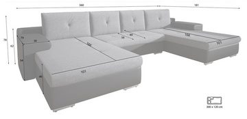 Fun Möbel Wohnlandschaft Couchgarnitur FLORENZ U-Form, inkl. 4 Rückenkissen, inkl. Schlaffunktion mit Bettkasten
