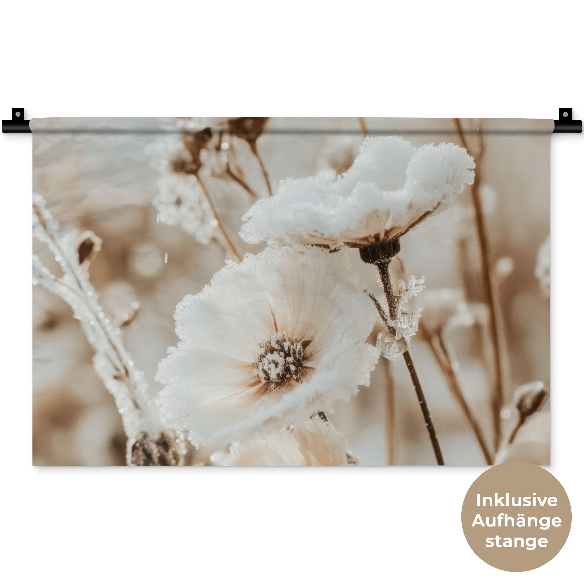 MuchoWow Wandteppich Blumen - Winter - Weiß - Schnee - Beige, Rechteckig, Höhe: 3 mm, Wandteppich für Wohnzimmer, Schlafzimmer, 60x40 cm