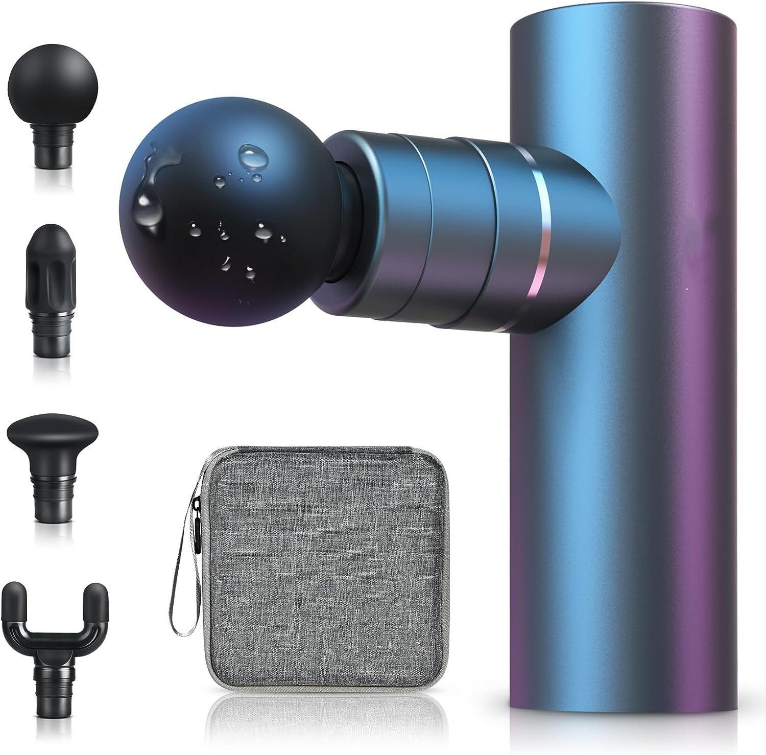AURIVION Massagegerät Mini Massagepistole 3200 U/min mit AI Intensitätsstufen, Set 5-tlg., Tragbare Massage Gun mit Case für Sport & Entspannung, Muscle Gun mit 4 Silikon Aufsätzen & USB-C Akku