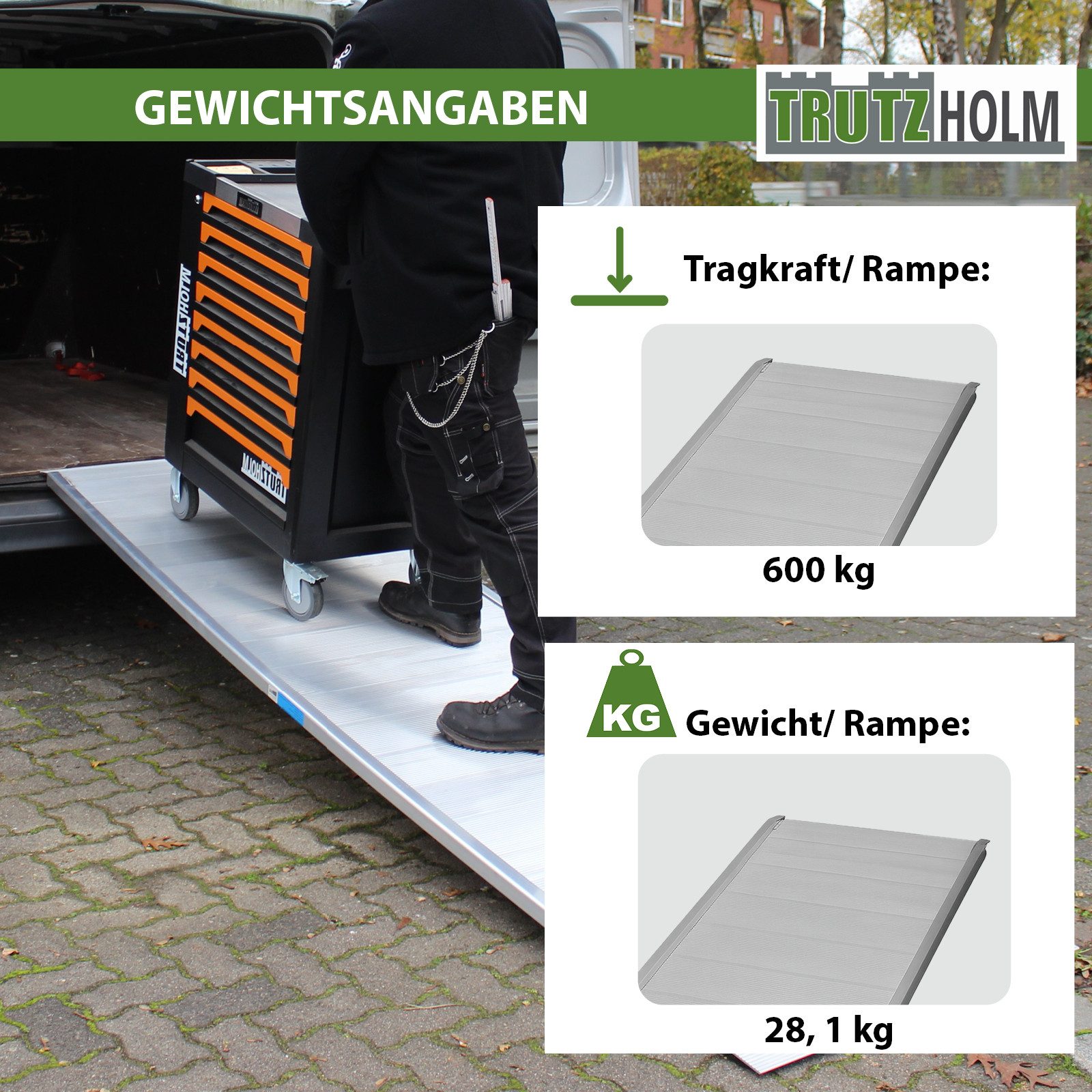 TRUTZHOLM Auffahrrampe Eventrampe 305 cm 600 kg Alu ATV Rampe Motorradrampe Quad Rasentraktor (1-St), geriffelte, rutschfeste Lauffläche, hohe Traglast, extrabreit