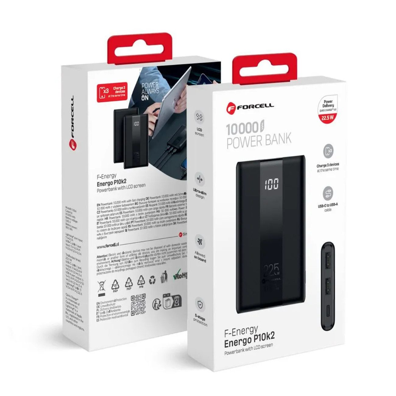 Forcell F-ENERGY P10K2 Powerbank 10000 mAh (5, 9, 12 V), Power Delivery, Quick Charge, LCD, Reisegeeignet, flugtauglich