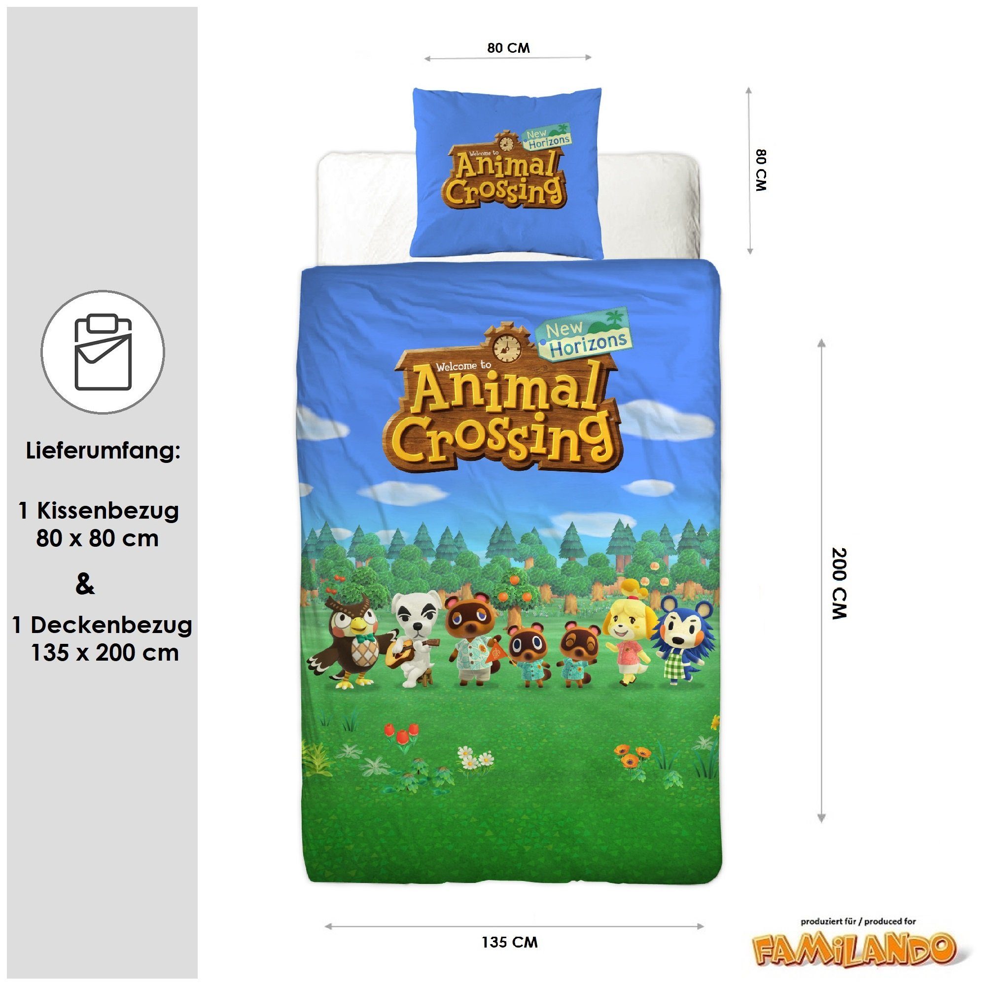 Familando Kinderbettwäsche Animal Crossing "New Horizons" 135x200 + 80x80 cm aus 100% Baumwolle, Renforcé, 2 teilig, mit Celeste, K.K. Slider, Tom Nook, Isabelle & Mabel Able