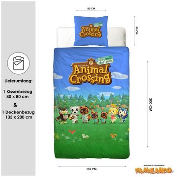 Kinderbettwäsche Animal Crossing "New Horizons" 135x200 + 80x80 cm aus 100% Baumwolle, Familando, Renforcé, 2 teilig, mit Celeste, K.K. Slider, Tom Nook, Isabelle & Mabel Able