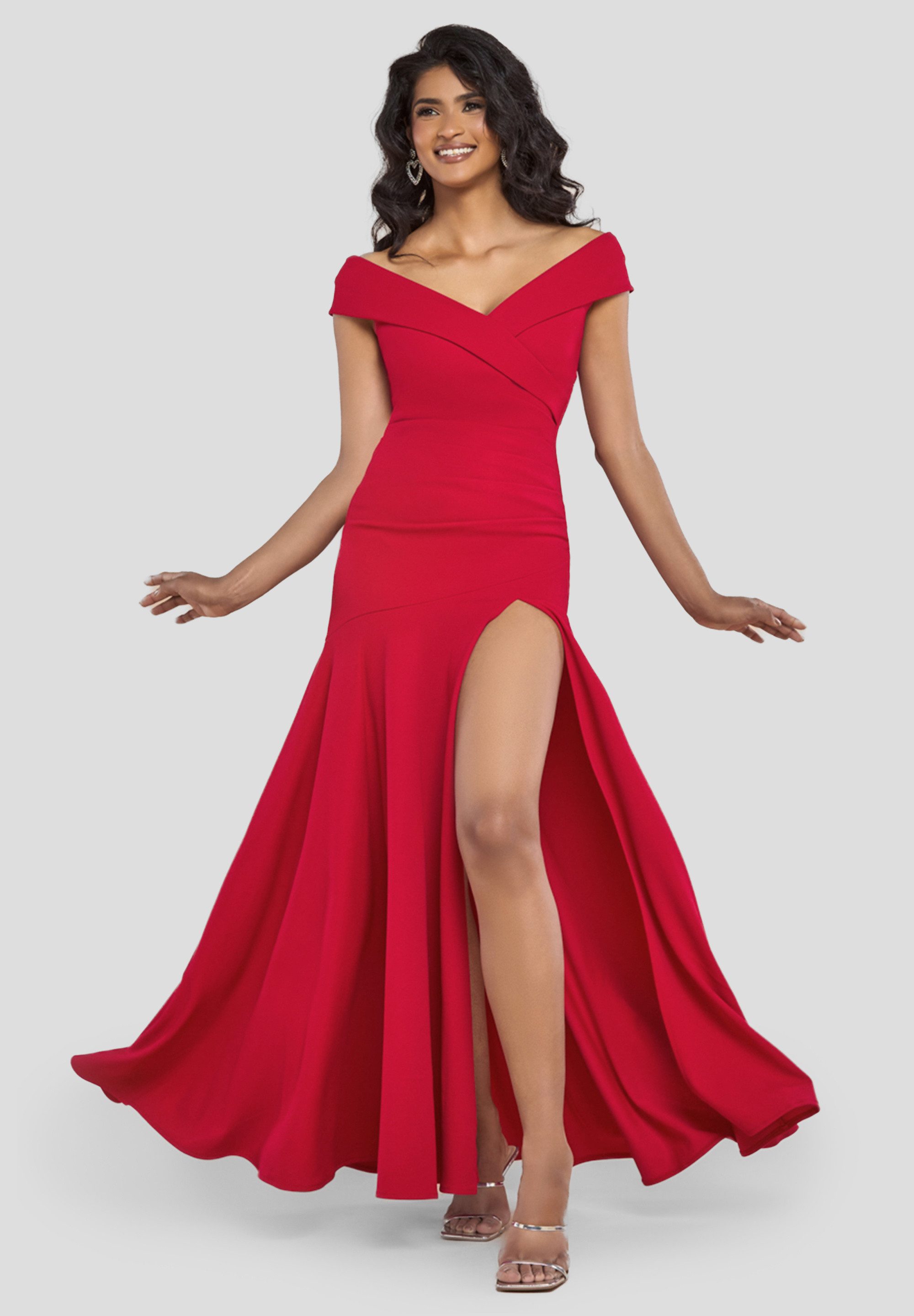 Goddiva Maxikleid Scuba Crepe Off Shoulder Front Split Maxi Dress langes Kl günstig online kaufen