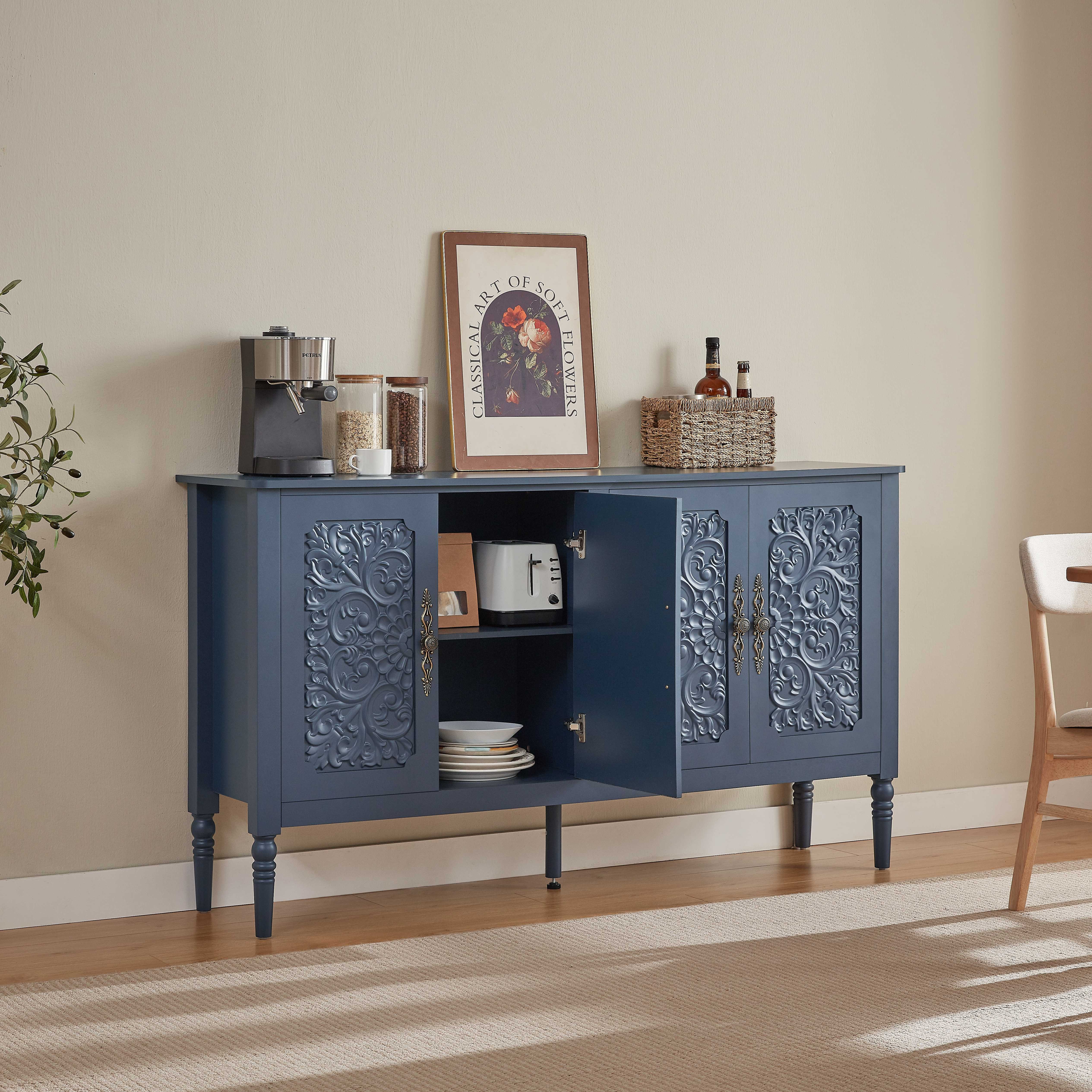 BlingBin Kommode Vintage Sideboard Buffet Schrank mit antiken Relief-Schnitzereien (1er Set, 2 St., 160B x 40D x 89H cm), Akzent Schrank Holzbuffet für Wohnzimmer, Esszimmer, Küche