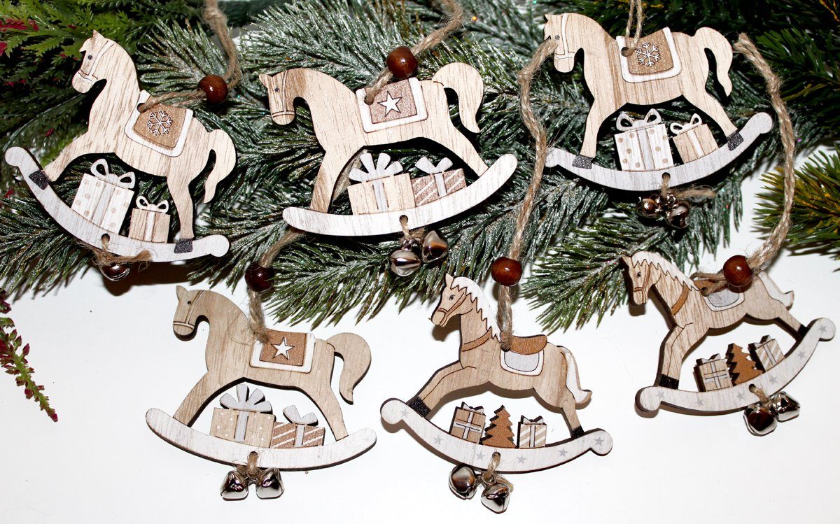 SET Holz SCHAUKELPFERD Christbaumhänger grau Christbaumanhänger 6er Anhänger Lilienburg Christbaumschmuck Geschenkanhänger H&F Weihnachtsbaumschmuck Christbaum Weihnachten Weihnachtsdeko Weihnachtsanhänger Weihnachtshänger Herbstdeko Herbstanhänger LB Pferd Christbaumschmuck