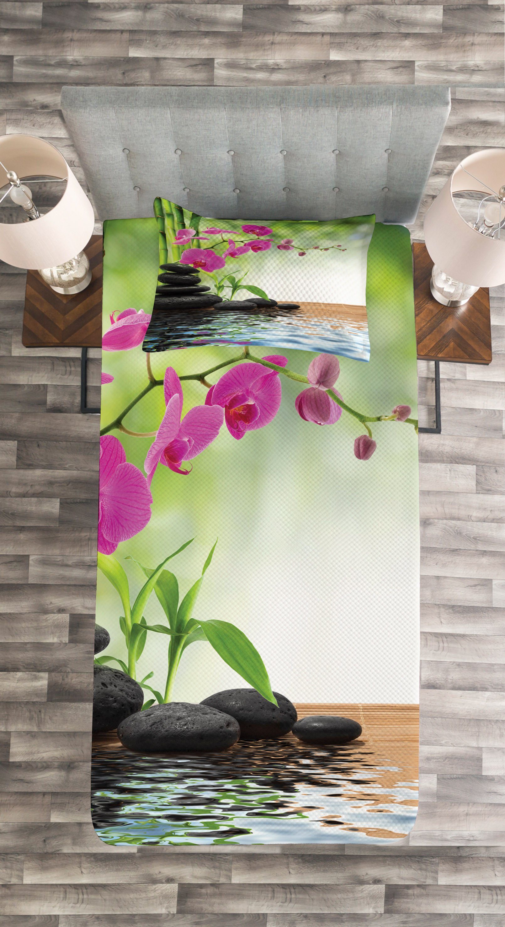 Tagesdecke Set mit Kissenbezügen Waschbar, Abakuhaus, Steine Spa Bambus-Baum Orchid