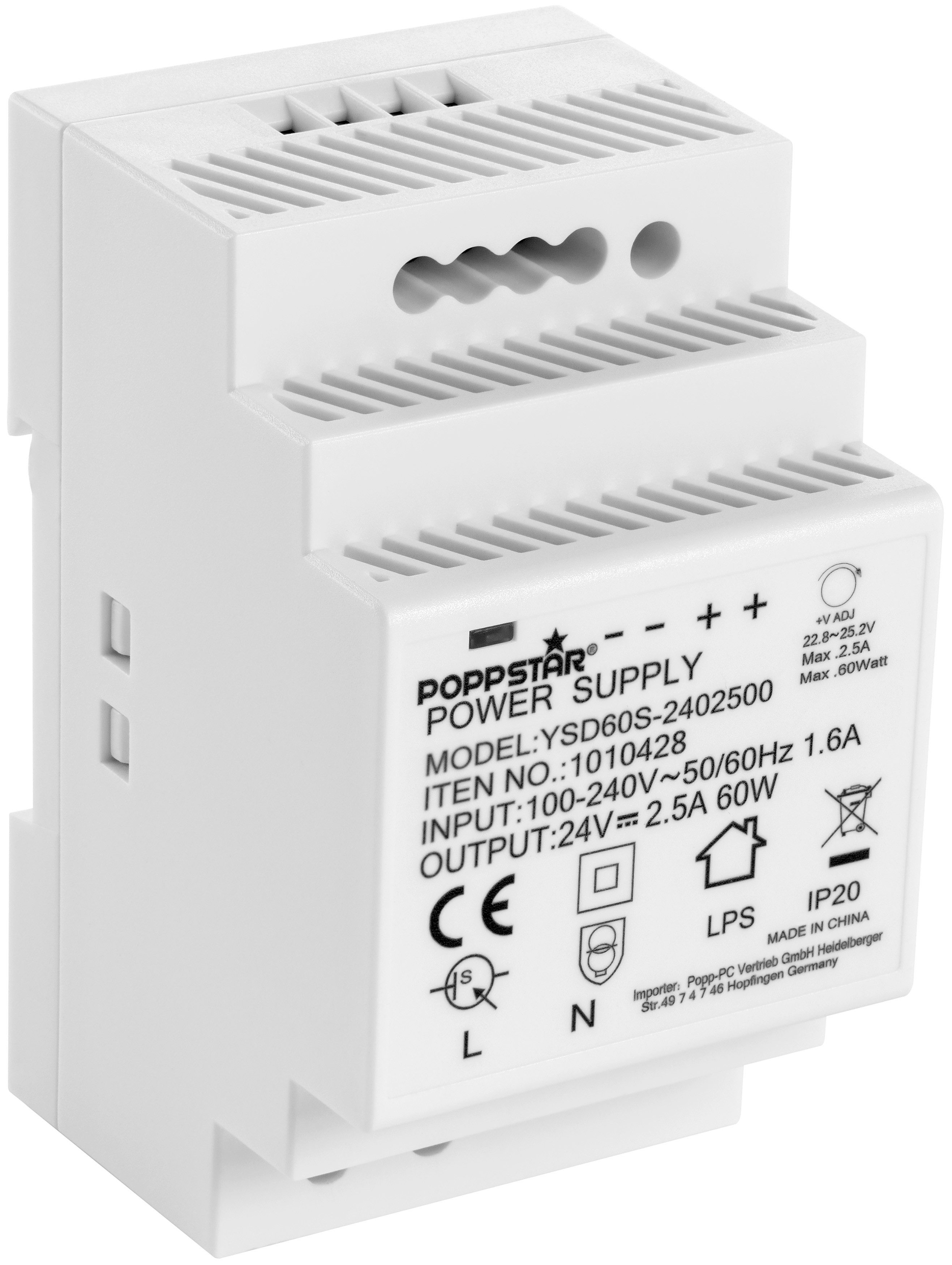 Poppstar Netzteil für Hutschiene 24V 60 Watt Hutschienen-Netzteil (DIN-Rail Netzteil (In 100-240 V AC, Out 24 V DC 2,5 A 60 W)