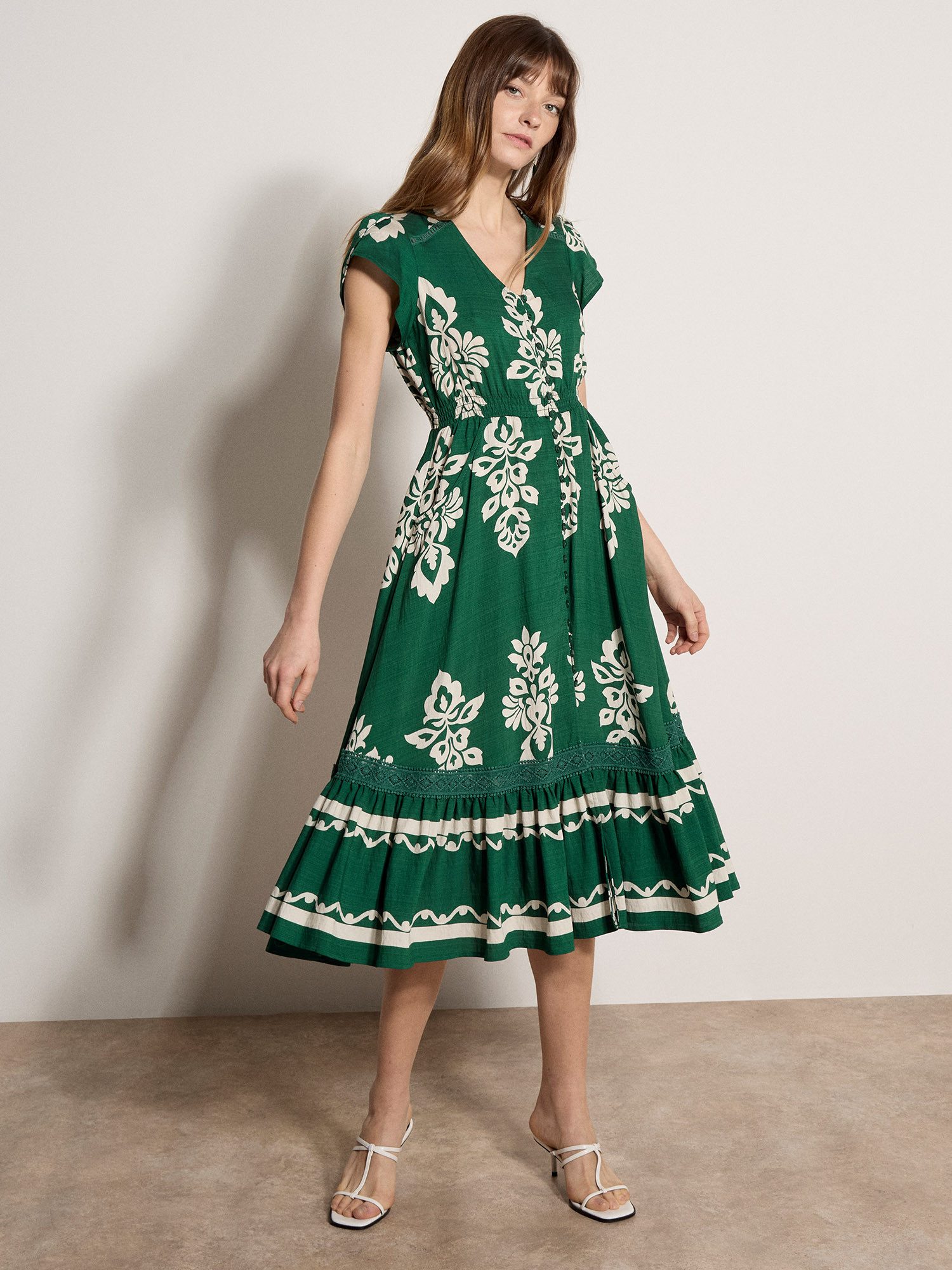 Apricot A-Linien-Kleid Midi-Kleid mit Folk-Blumenmuster mit Stickerei