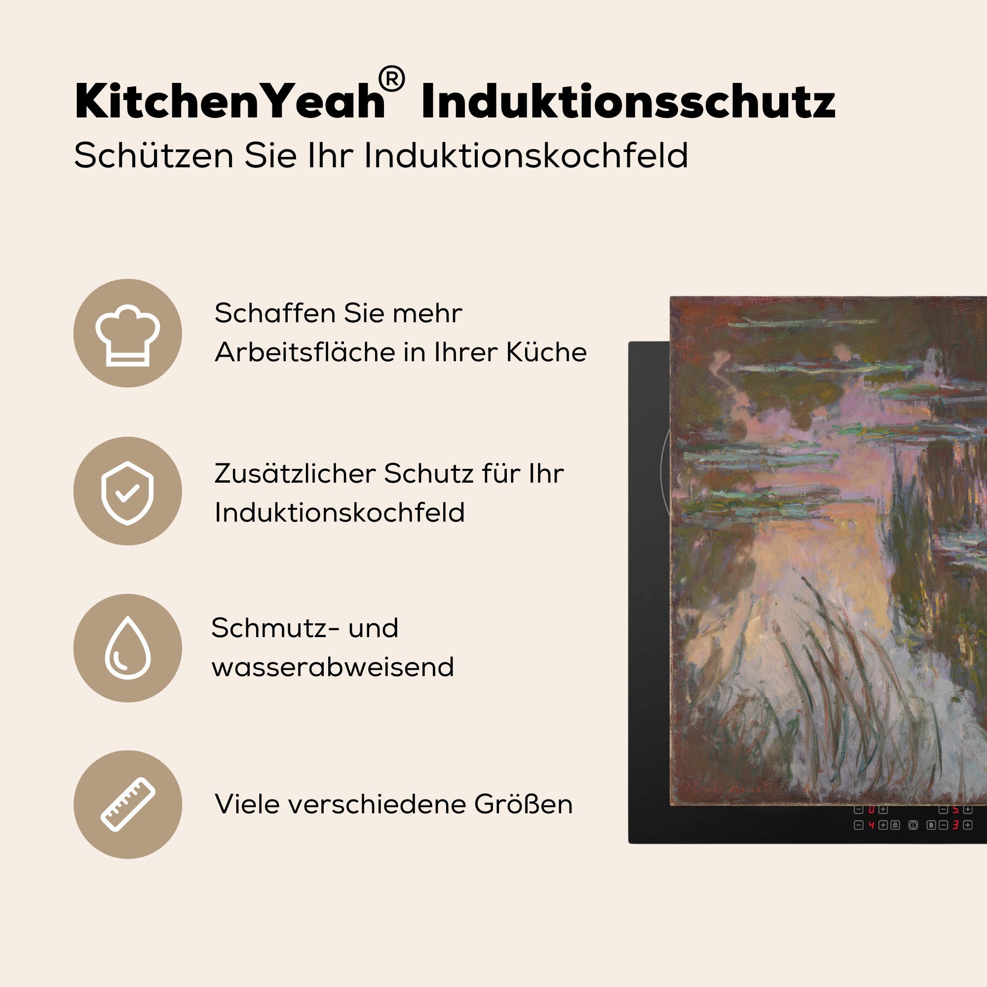 MuchoWow Herdblende-/Abdeckplatte Seerosen bei die - Claude cm, Gemälde Monet, (1 küche, Induktionsmatte Vinyl, tlg), Sonnenuntergang für 59x52 Ceranfeldabdeckung von