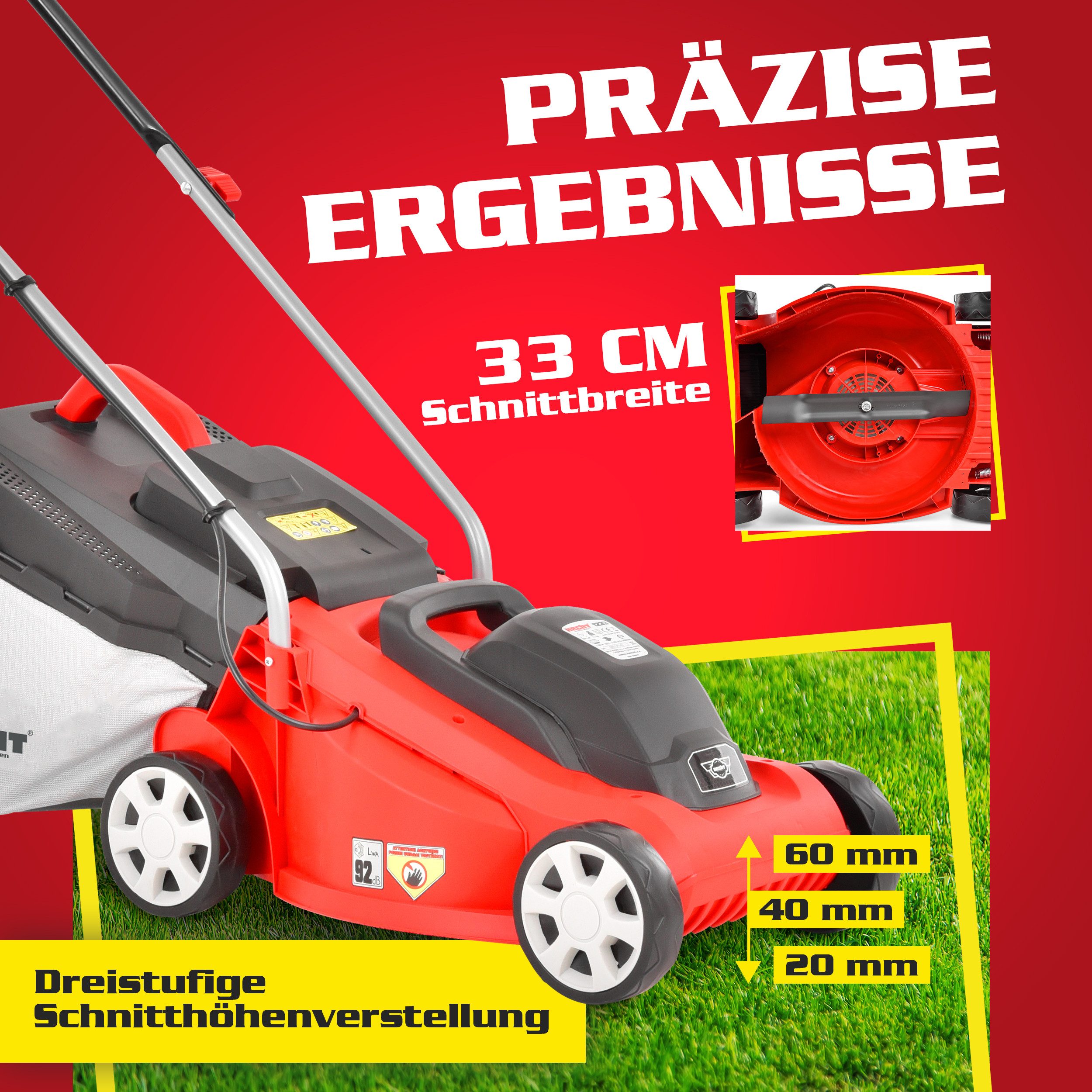 Hecht electric lawnmower 1300W, 30L grass catcher, 3-stage cutting height adjustment 20 – 60 mm, 33 cm cutting width, cable strain relief, carrying handle
