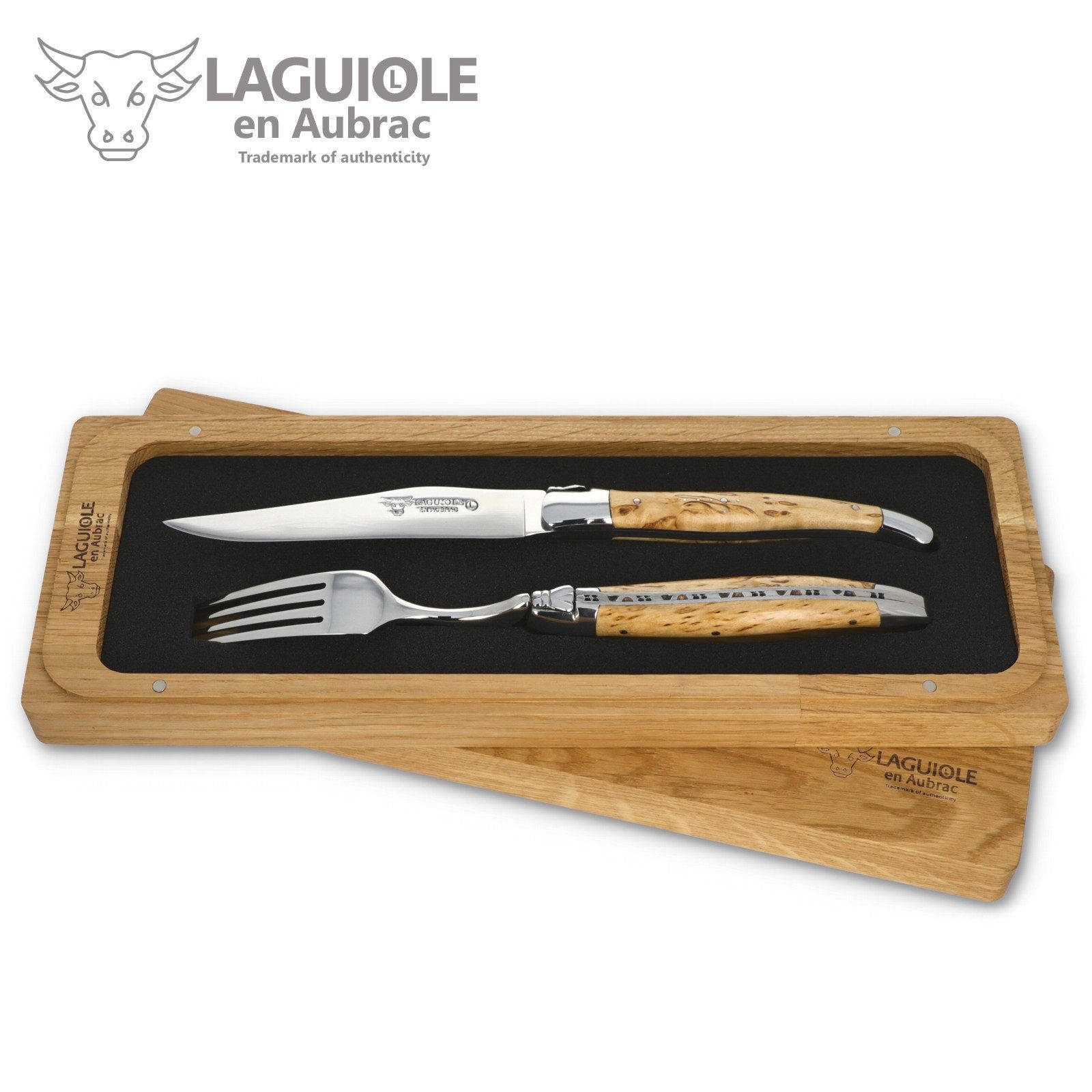 Laguiole en Aubrac Steakbesteck 1CF99BHIH BRI, 1 Messer / 1 Gabel - Griff Birke - Backen glänzend - Stahl glänzend