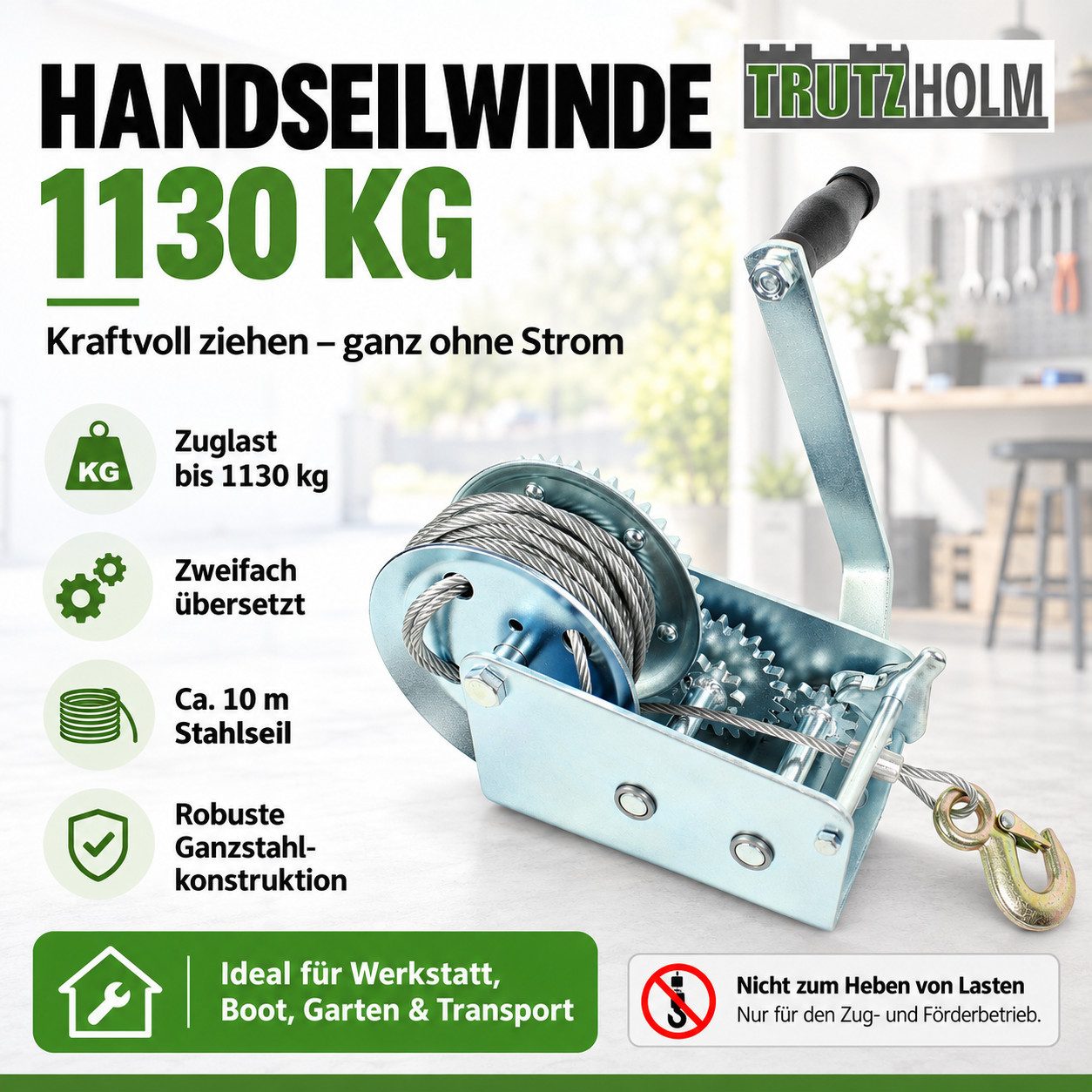 TRUTZHOLM Seilwinde Handseilwinde 1130 kg 10 m, (Produkt, 1-St), Handkurbellänge: ca. 23 cm – Bild 2 von 5