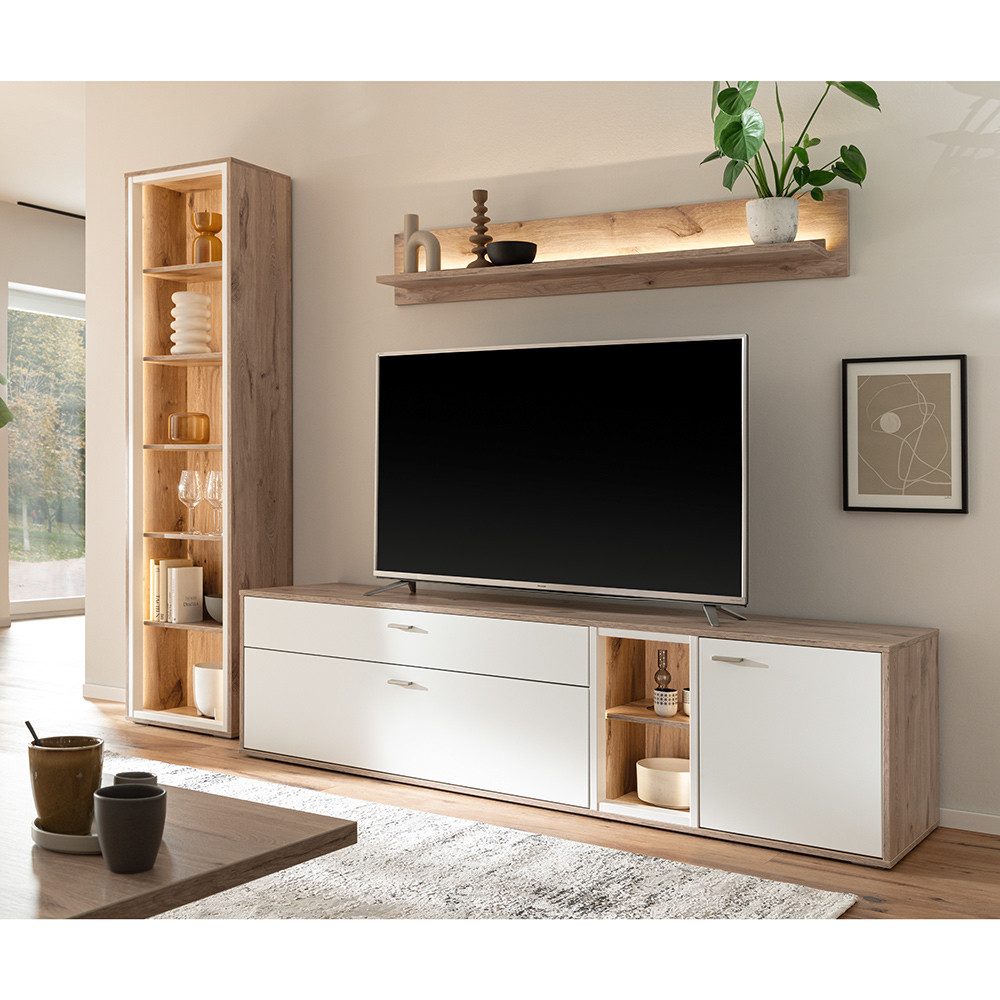 Lomadox Wohnwand SAGUNTO-05, (3-St., Vitrine Lowboard Wandboard), mit LED-Beleuchtung, in weiß mit Eiche