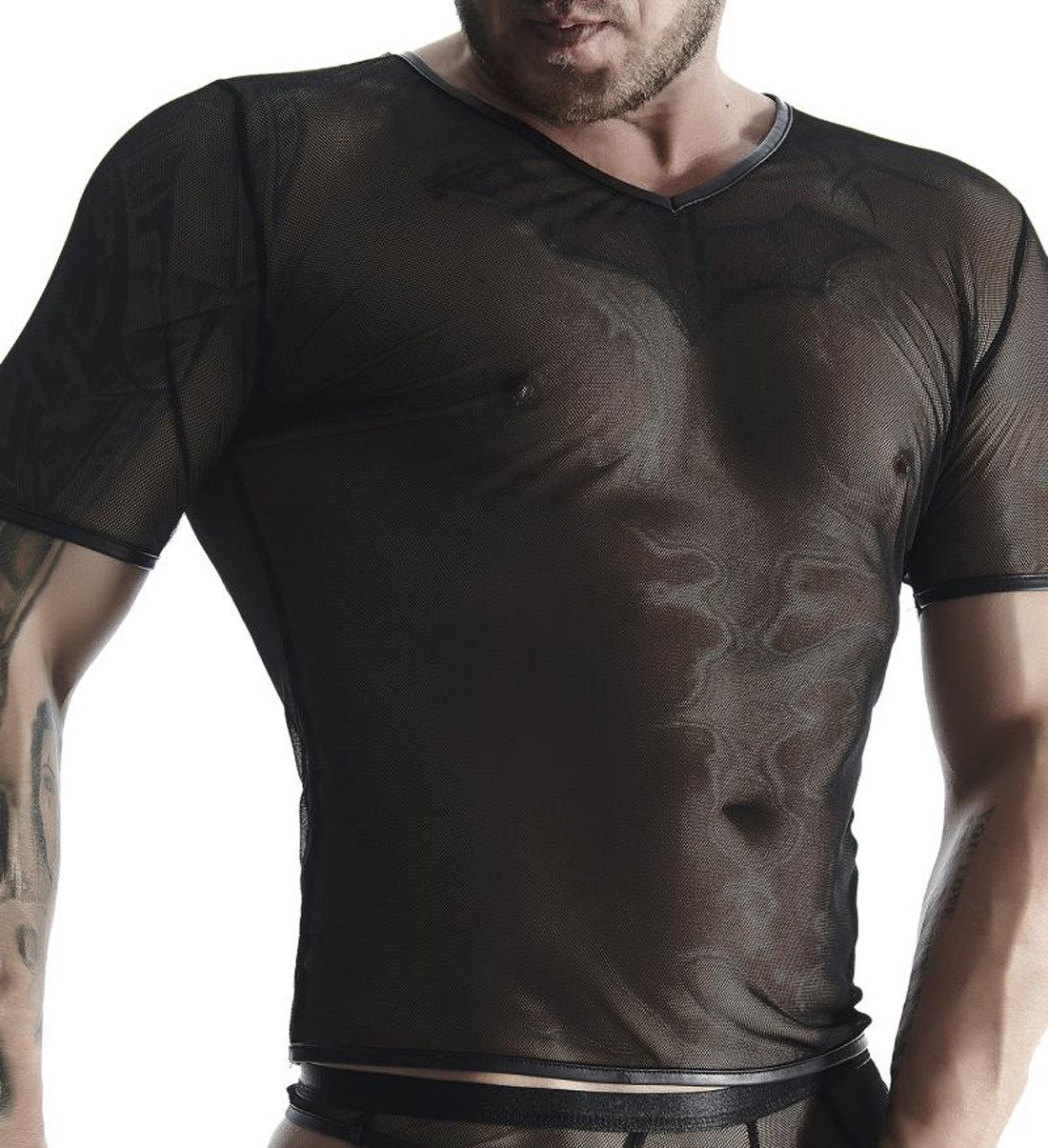 T-Shirt Herren T-Shirt schwarz kurzarm aus wetlook Material Hemd dehnbar trans
