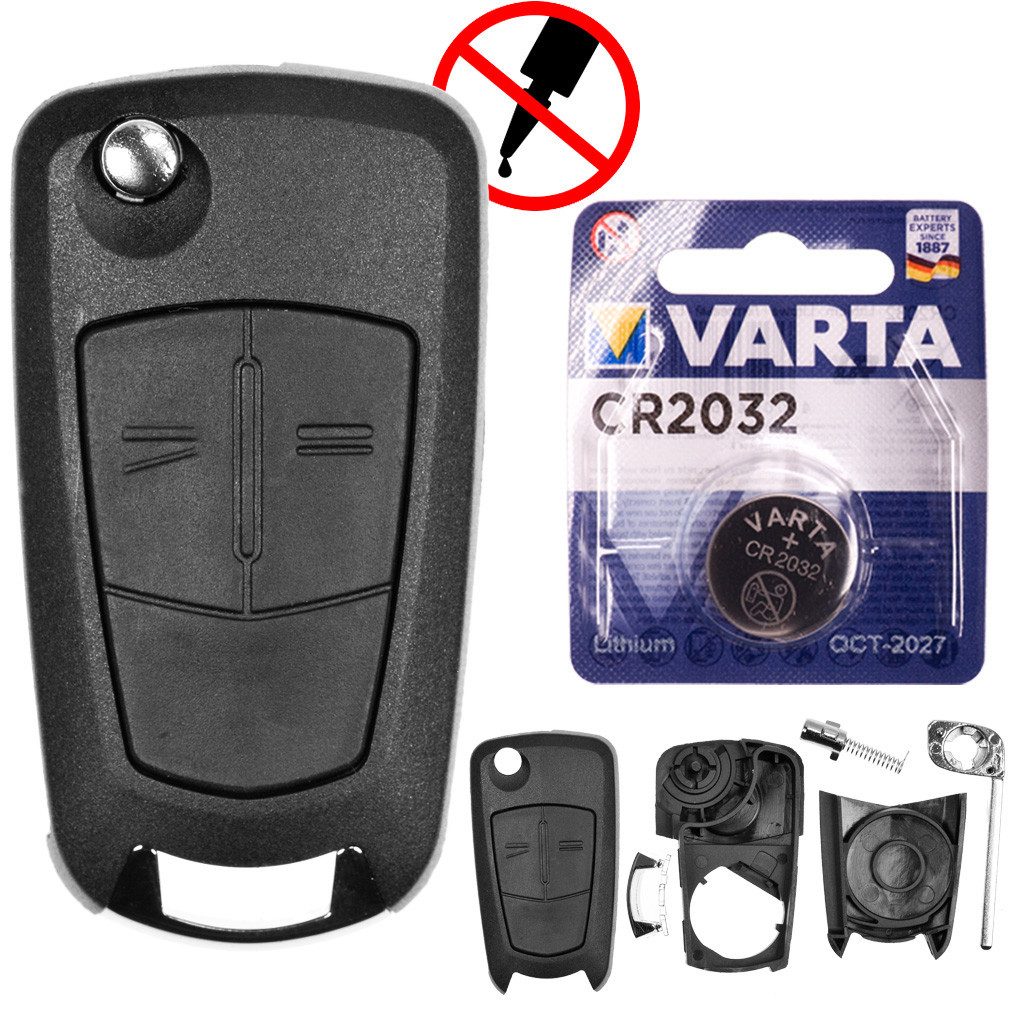 mt-key Auto Klapp Schlüssel Ersatz Gehäuse 2 Tasten + Rohling + VARTA CR2032 Knopfzelle, CR2032 (3 V), für OPEL CORSA D TIGRA B ASTRA H ZAFIRA B Funk Fernbedienung