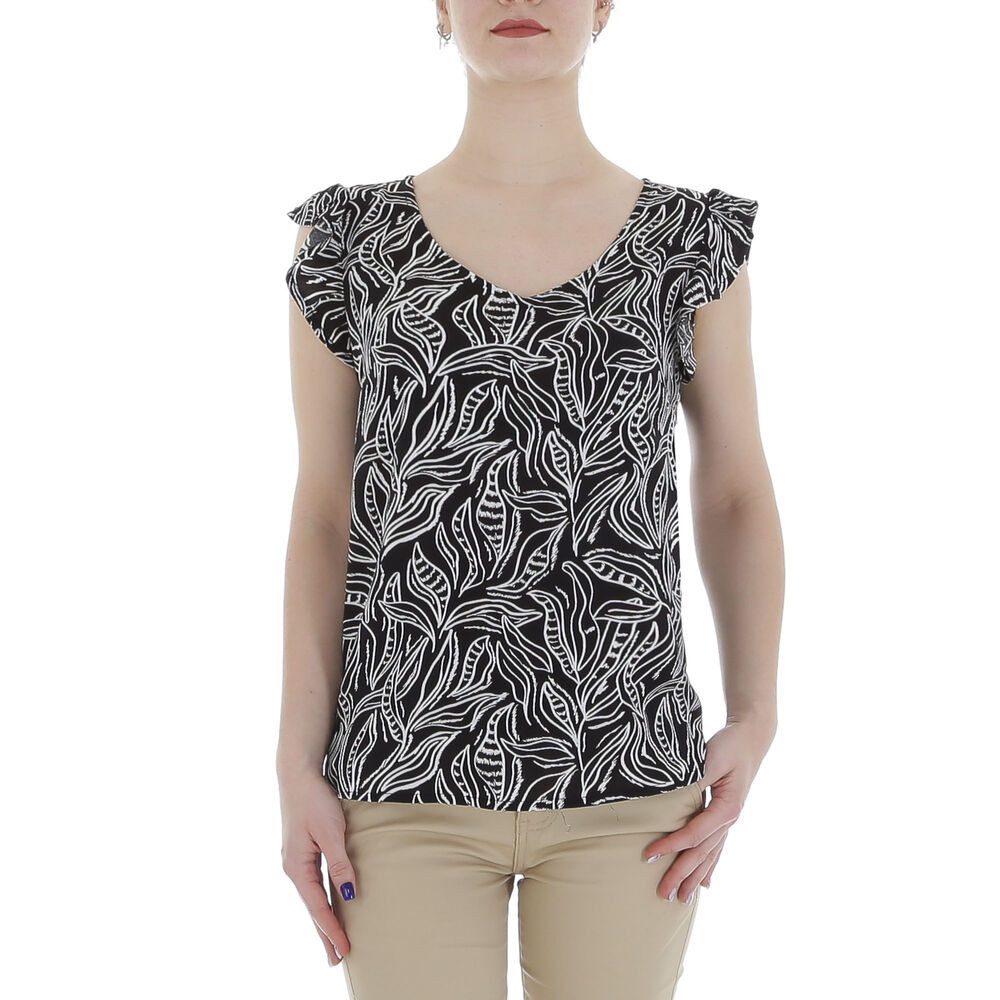 Ital-Design Kurzarmbluse Damen Elegant (85987252) Rüschen Print Top & Shirt in Schwarz