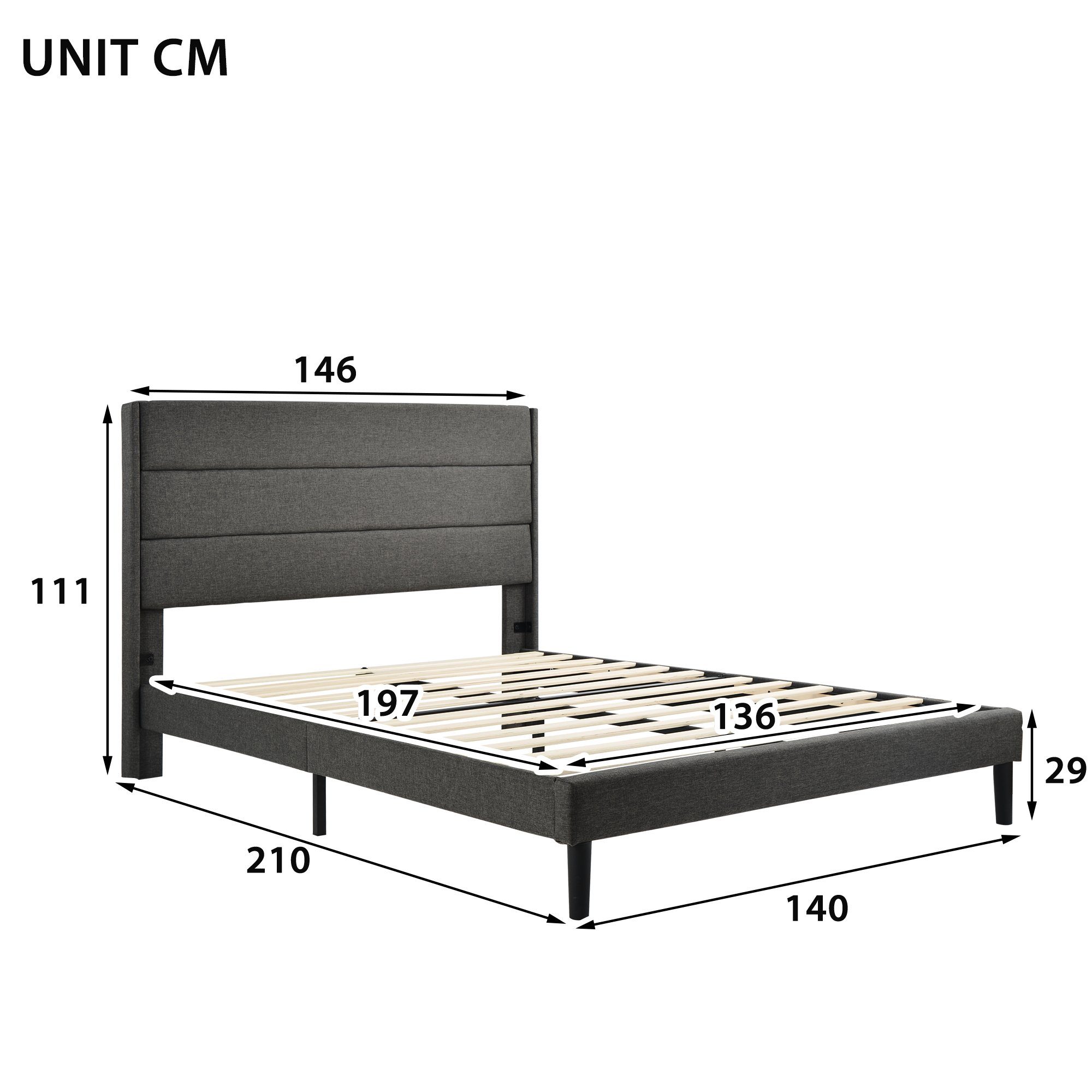 Polsterbett, 140 x 200 cm Doppelbett Ehebett mit Lattenrost & Kopfteil, Leinen