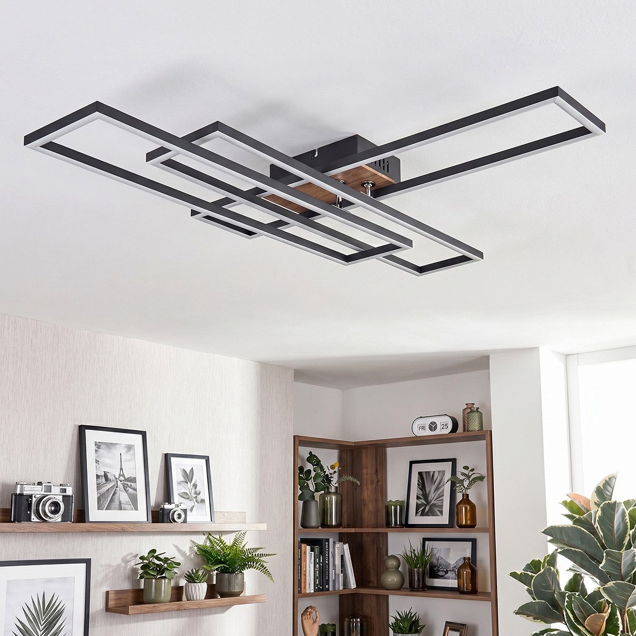 hofstein Deckenleuchte Deckenlampe aus Metall/MDF/Kunststoff in Schwarz/Holzfarben/Weiß, LED wechselbar, 3000 Kelvin, Leuchte im modernen Design mit verstellbaren Elementen, 1x LED 40 Watt