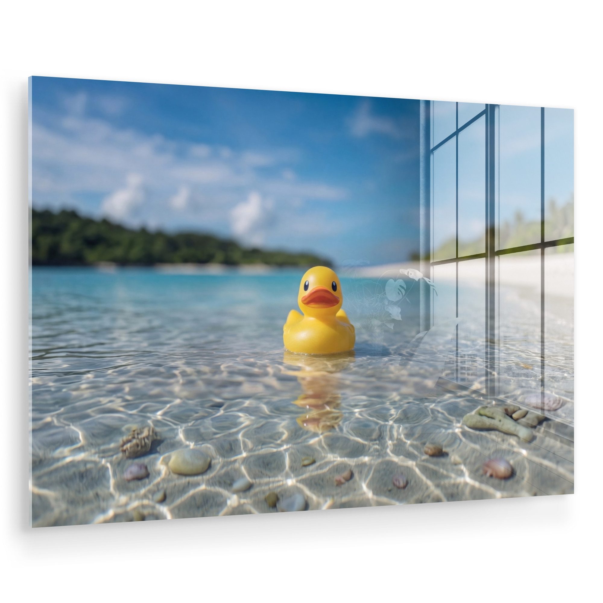 MuchoWow Acrylglasbild Tropical - Gummi-Ente - gelb, Inkl. Aufhängung, Glasbilder Wohnzimmer, Schlafzimmer, Flur & Esszimmer, 30x20 cm
