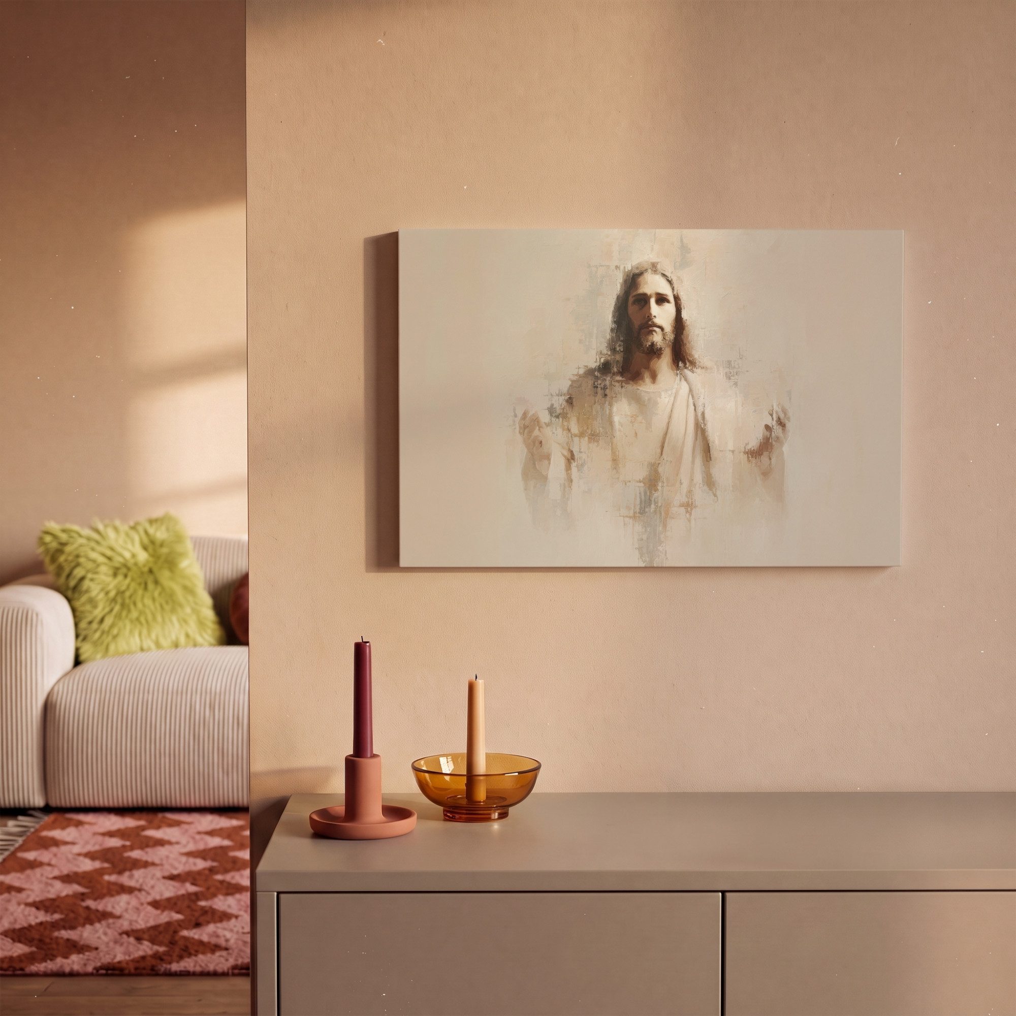 OneMillionCanvasses® Leinwandbild Porträt - Abstrakt - Jesus - Beige, Fotodruck (1 St), Leinwand Bilder Klein, Wand Dekoration Aesthetic 30x20 cm – Bild 2 von 5