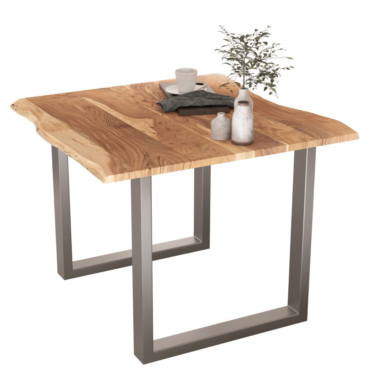 Liadomo Baumkantentisch Hugo, Baumkantentisch, Esstisch, Massivholztisch, Esszimmertisch, mit Esstischplatte aus Akazie und Metallgestell in U-Form