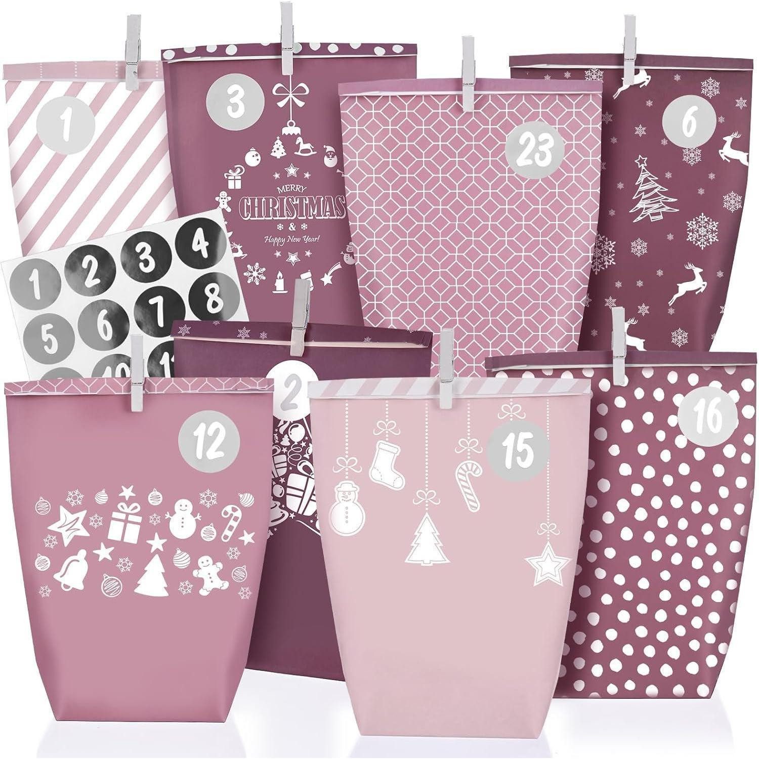 LuxusKollektion befüllbarer Adventskalender Adventskalender Tüten 24 XXL Geschenktüten Wiederverwendbar Rosa