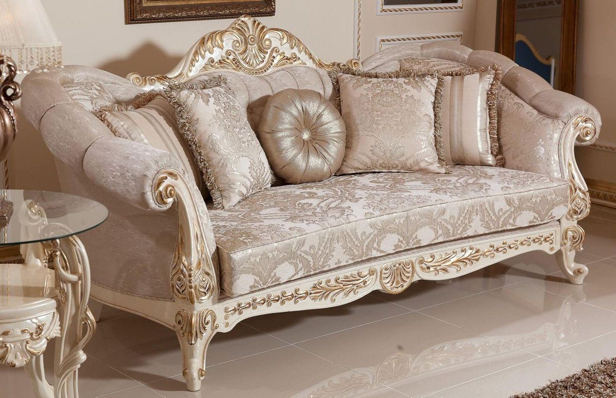 Casa Padrino Sofa Luxus Barock Sofa Grau / Silber / Weiß / Gold - Handgefertigtes Barockstil Wohnzimmer Sofa mit elegantem Muster - Prunkvolle Barock Wohnzimmer Möbel